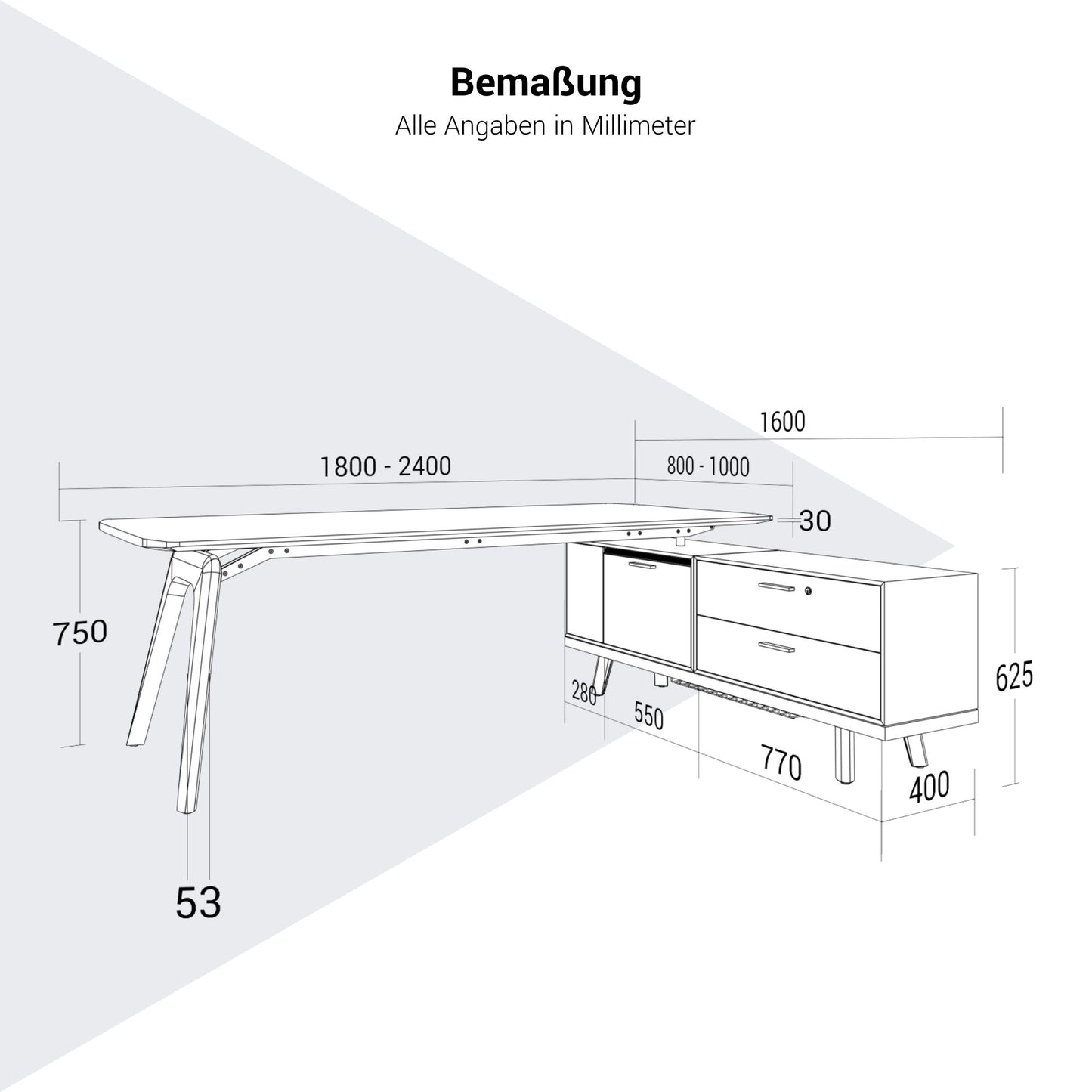 Bureau BRALCO RAIL | 1800 - 2400 mm, lowboard intégré, bois véritable, chêne gris clair