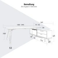 Bureau BRALCO RAIL | 1800 - 2400 mm, lowboard intégré, bois véritable, chêne gris clair