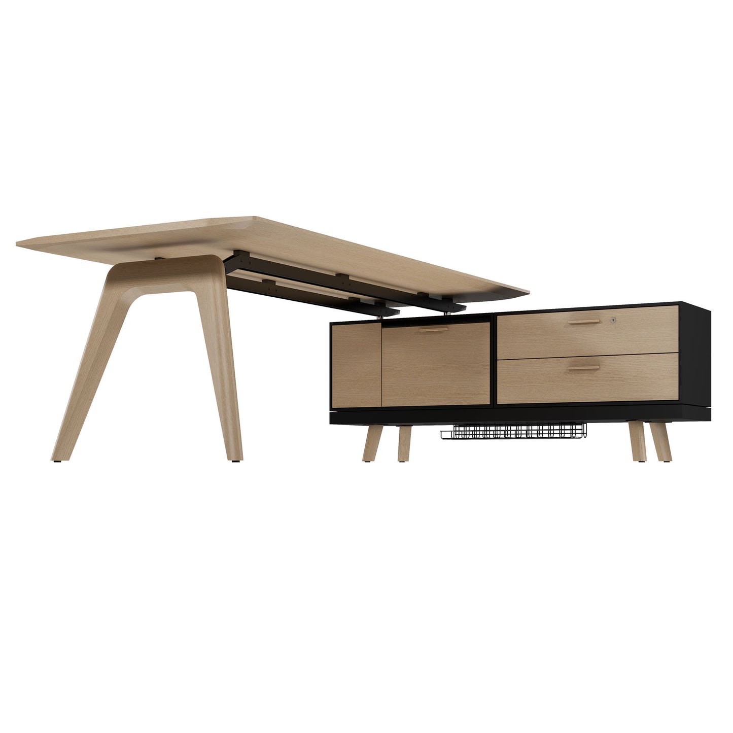 BRALCO RAIL desk | 1800 - 2400 mm, integrated lowboard, real wood, natural oak