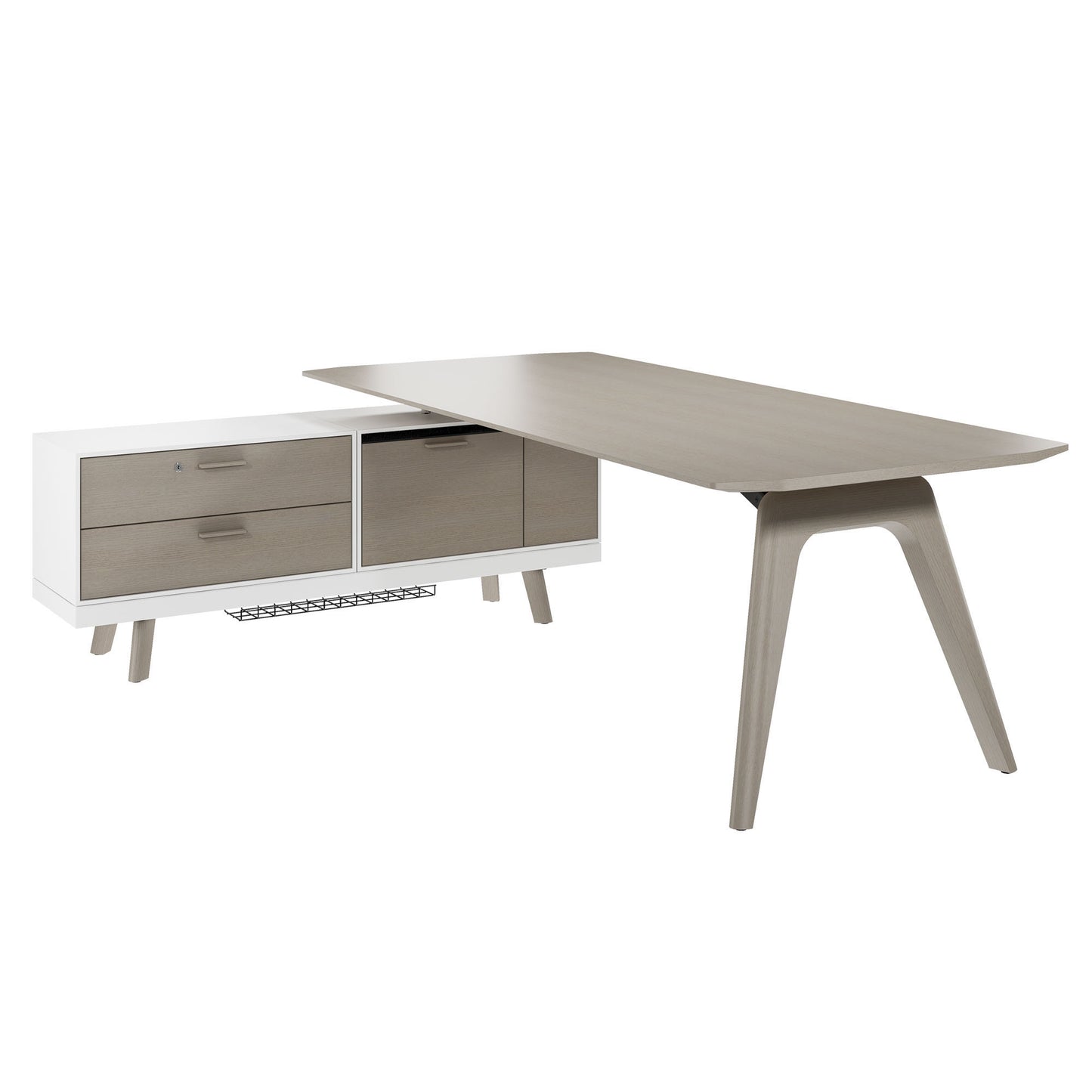 BRALCO RAIL desk | 1800 - 2400 mm, integrated lowboard, real wood, light gray oak