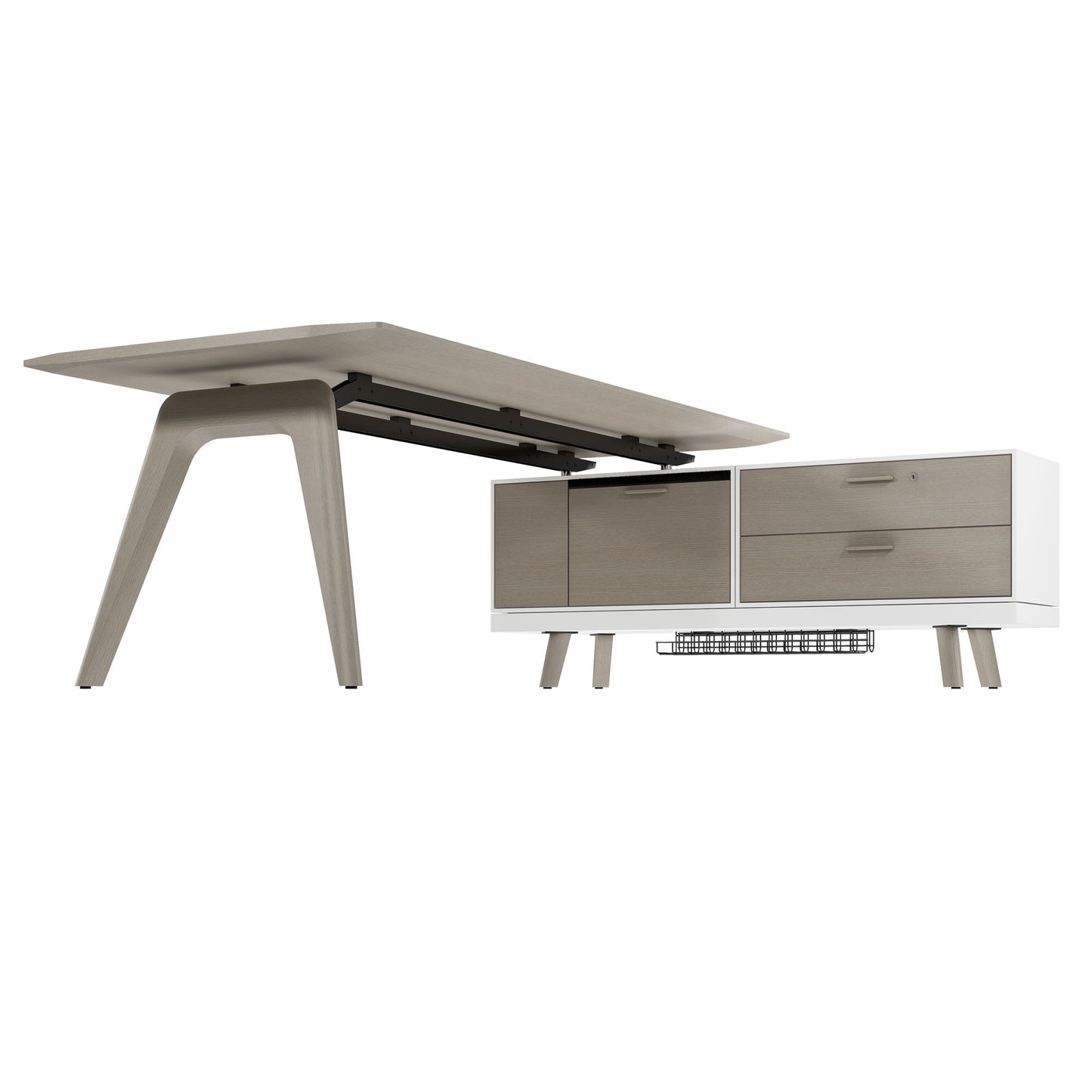 Bureau BRALCO RAIL | 1800 - 2400 mm, lowboard intégré, bois véritable, chêne gris clair