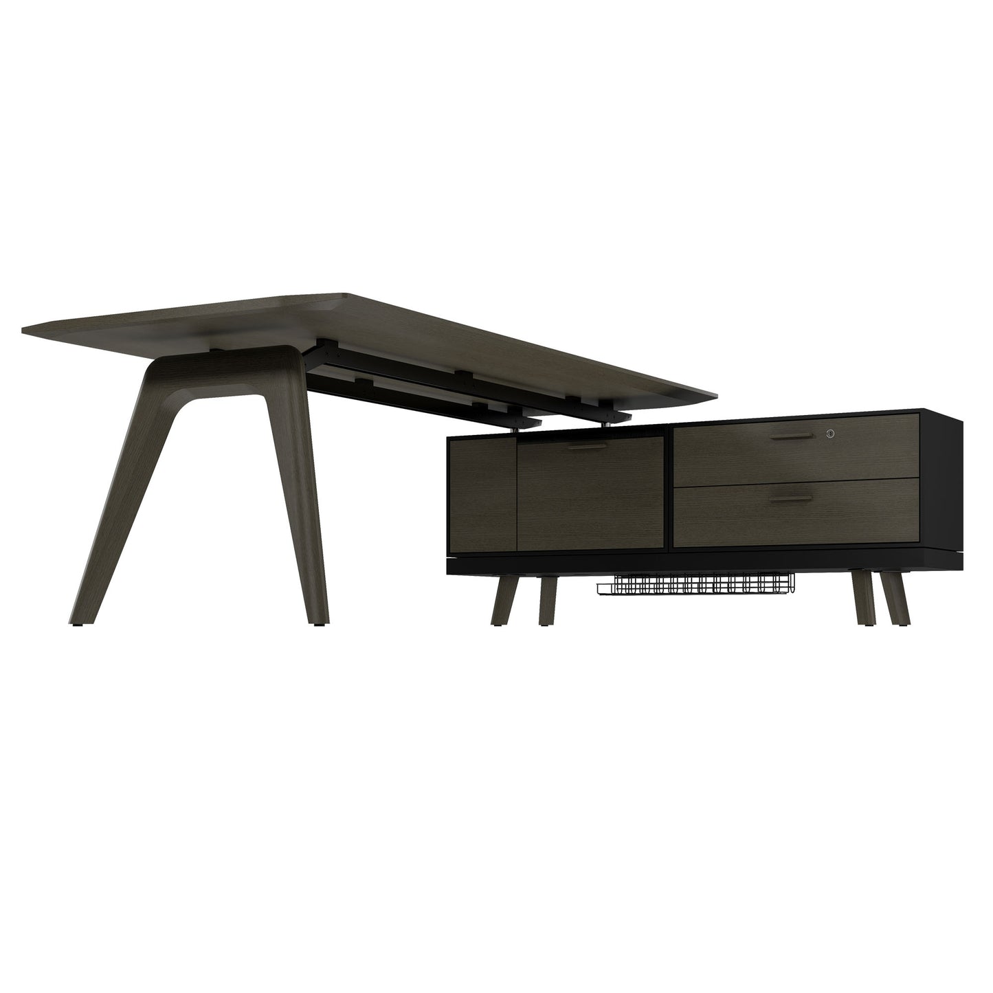 Bureau BRALCO RAIL | 1800 - 2400 mm, lowboard intégré, bois véritable, chêne gris foncé