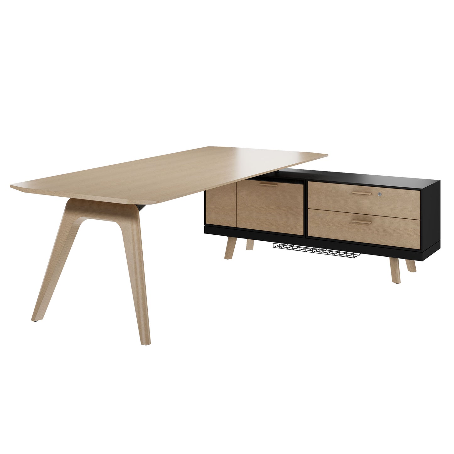 Bureau BRALCO RAIL | 1800 - 2400 mm, lowboard intégré, bois véritable, chêne naturel