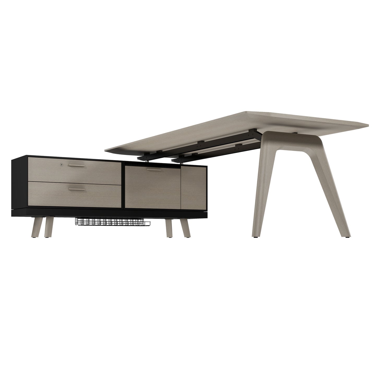 Bureau BRALCO RAIL | 1800 - 2400 mm, lowboard intégré, bois véritable, chêne gris clair