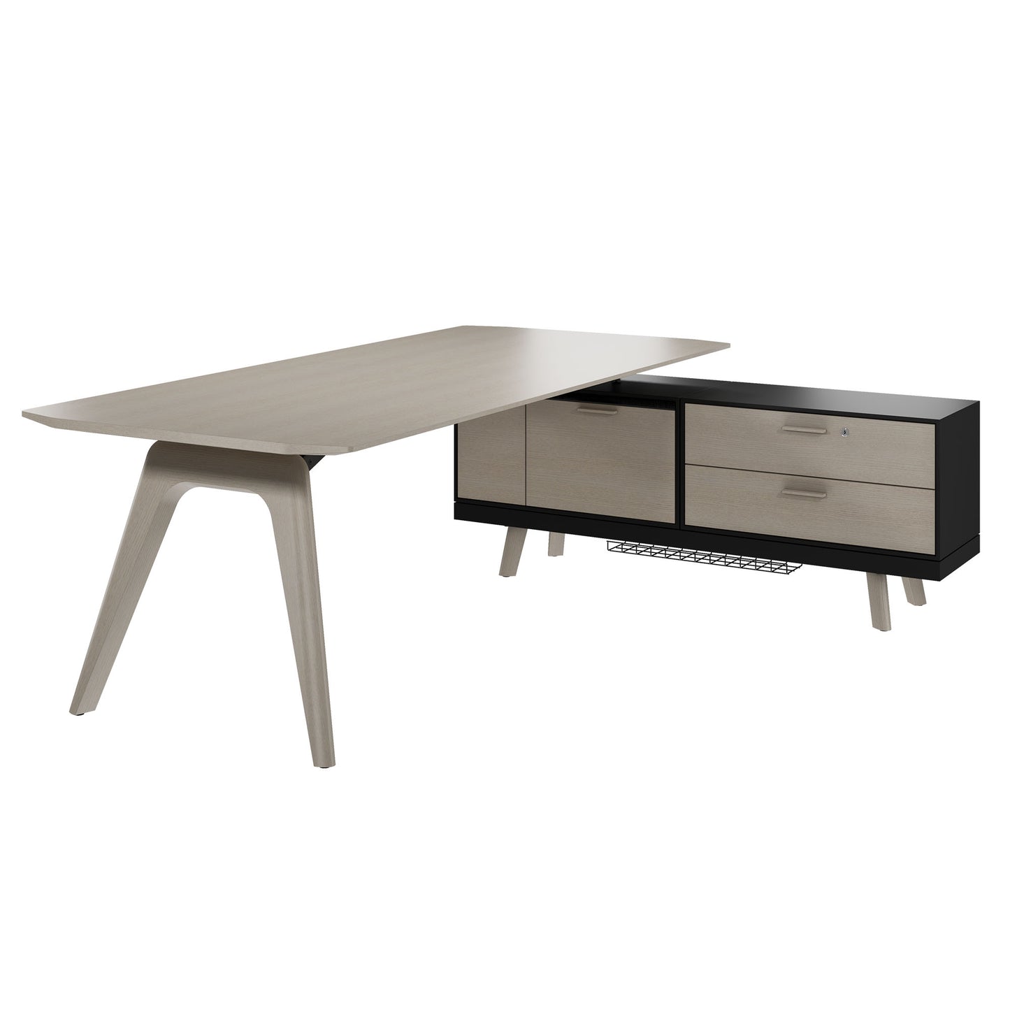 BRALCO RAIL desk | 1800 - 2400 mm, integrated lowboard, real wood, light gray oak