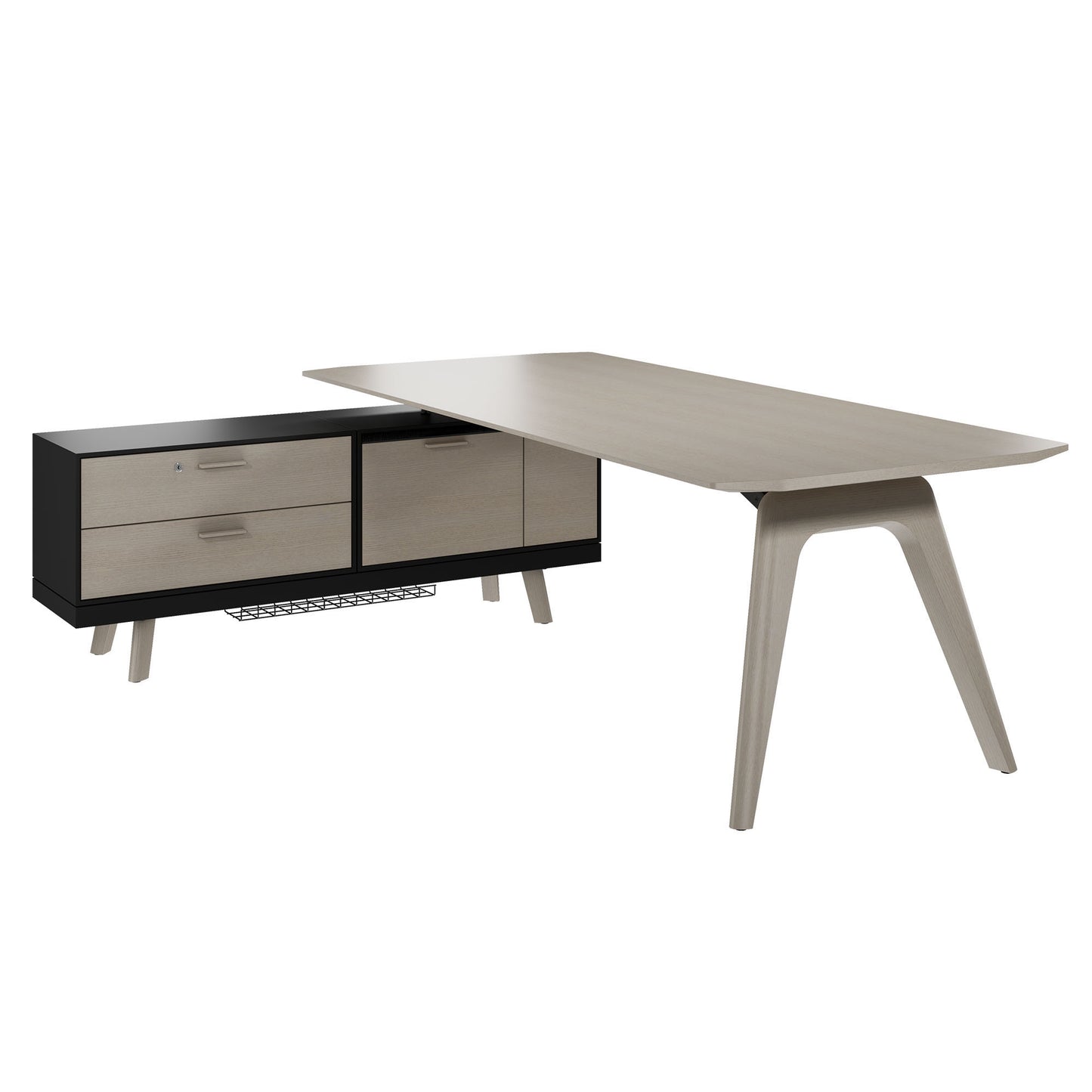 Bureau BRALCO RAIL | 1800 - 2400 mm, lowboard intégré, bois véritable, chêne gris clair