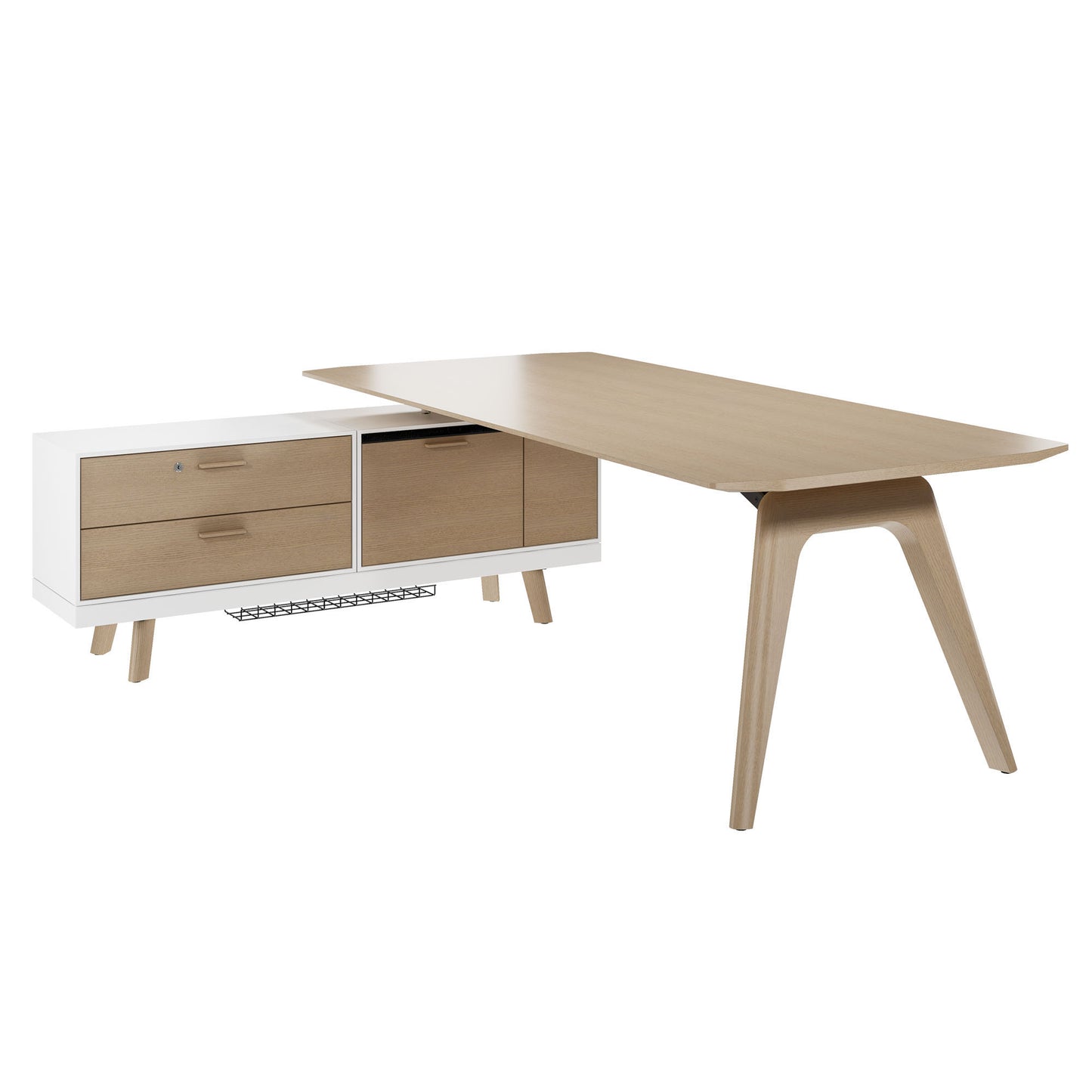 BRALCO RAIL desk | 1800 - 2400 mm, integrated lowboard, real wood, natural oak