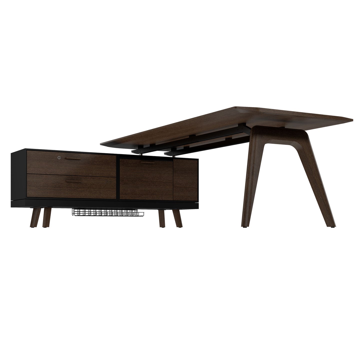 Bureau BRALCO RAIL | 1800 - 2400 mm, lowboard intégré, bois véritable, chêne tabac