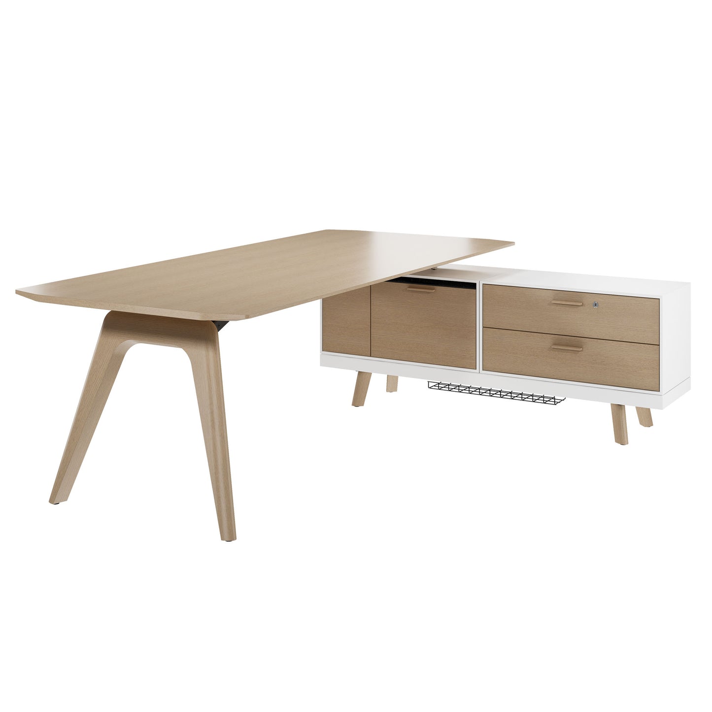 Bureau BRALCO RAIL | 1800 - 2400 mm, lowboard intégré, bois véritable, chêne naturel