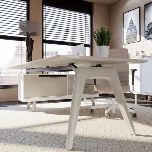 BRALCO RAIL desk | 1800 - 2400 mm, integrated lowboard, real wood, light gray oak