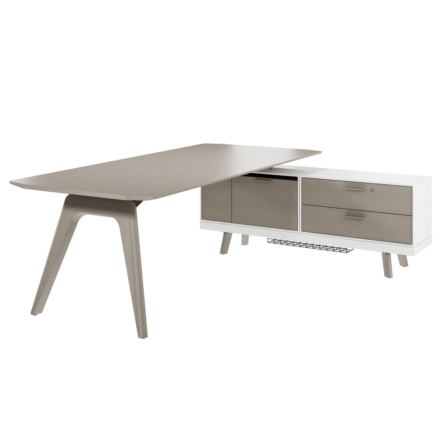 BRALCO RAIL desk | 1800 - 2400 mm, integrated lowboard, real wood, light gray oak