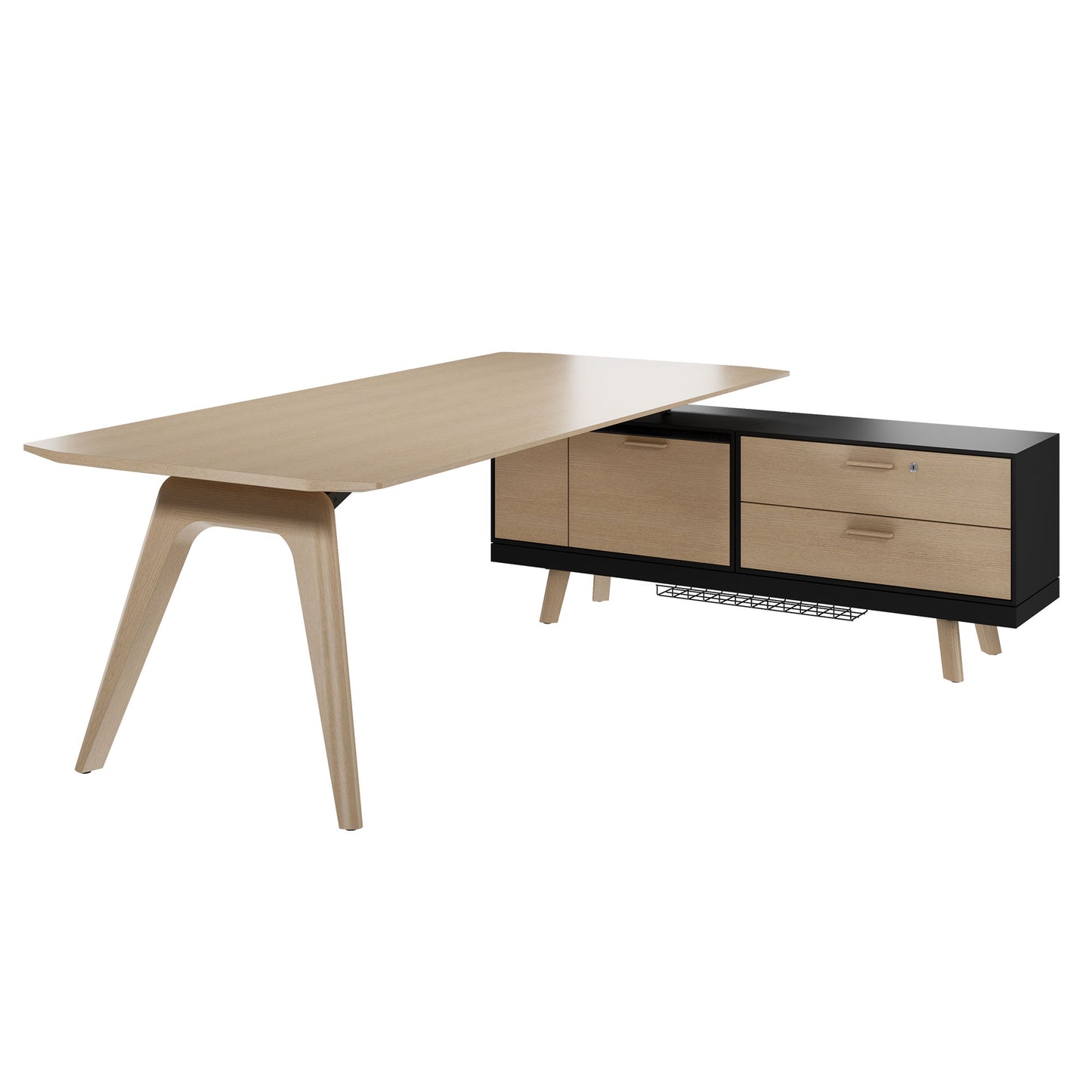 BRALCO RAIL desk | 1800 - 2400 mm, integrated lowboard, real wood, natural oak