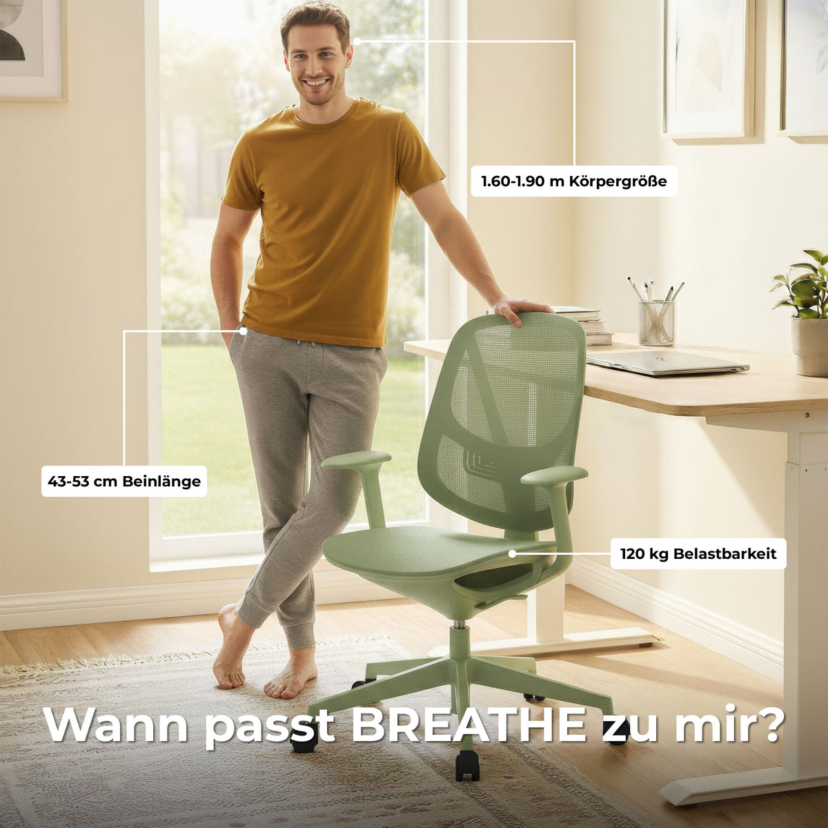 BREATHE Office Swivel Chair | Fixed Armrests, 5-Star Base, Green - 12 Lightbox Main Image