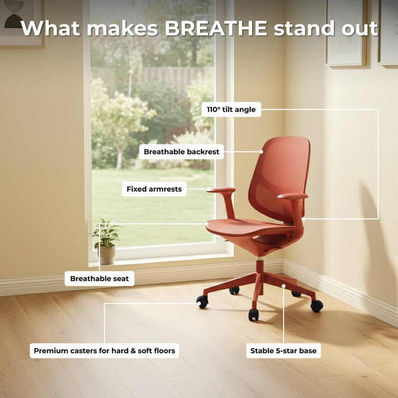 BREATHE Office Swivel Chair | Fixed Armrests, 5-Star Base, Green - 18 Main Image