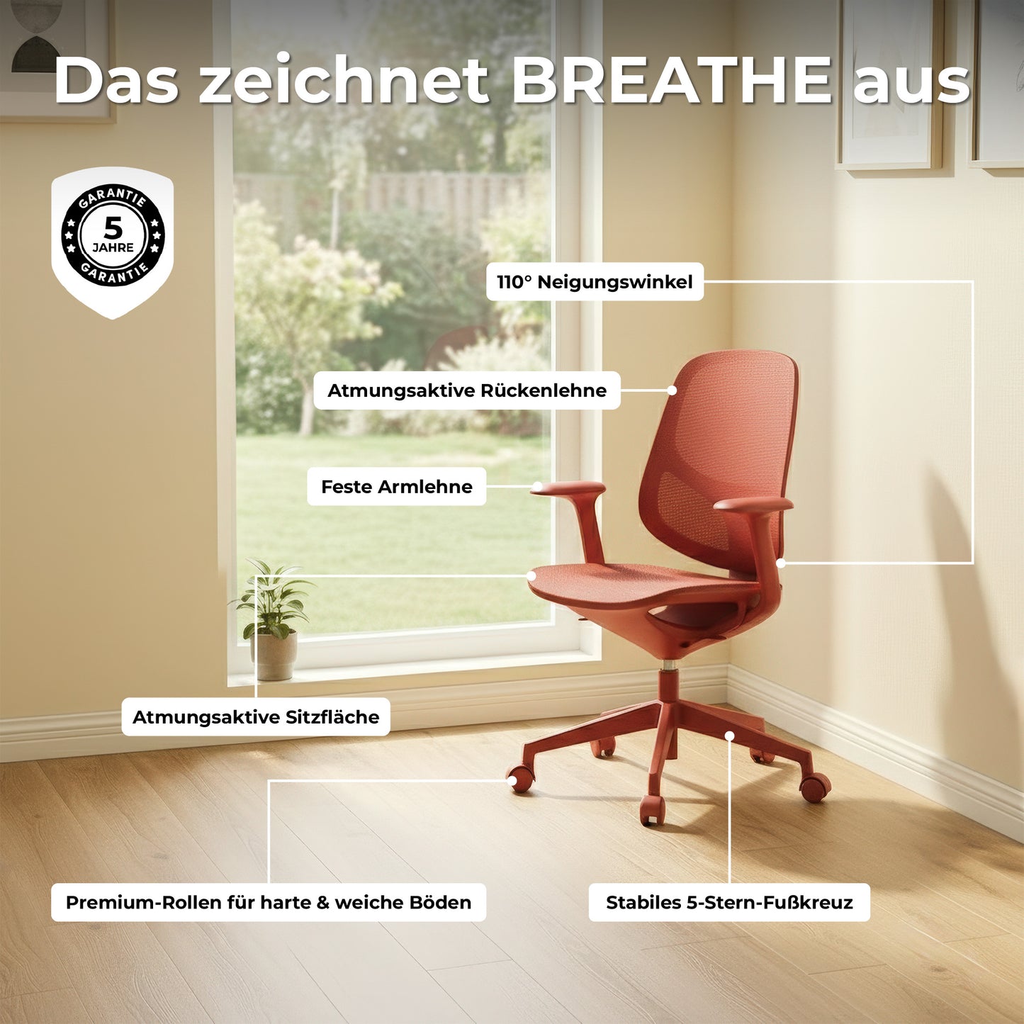 BREATHE Bürodrehstuhl | Feste Armlehnen, 5-Stern-Fußkreuz, Grün