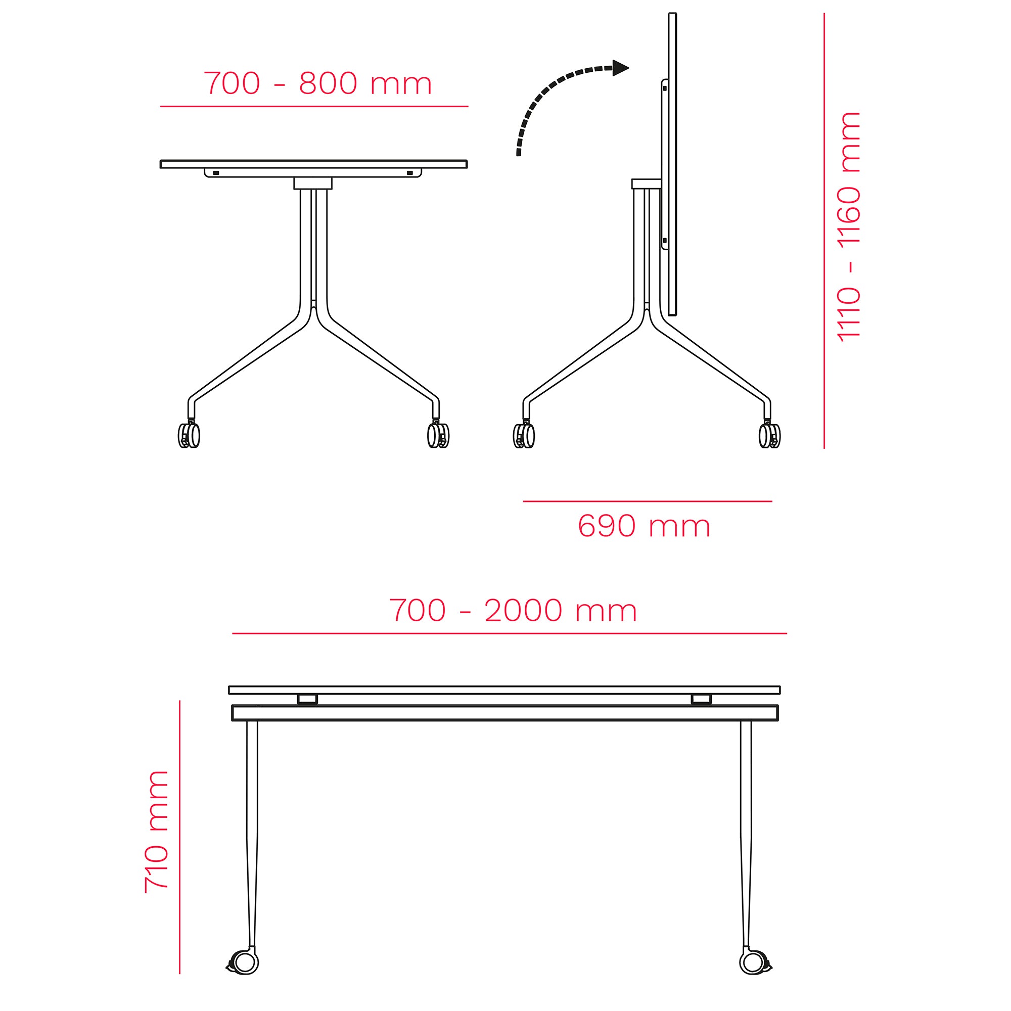 MARA - ARGO TILTING Table de conférence | À roulettes, pliable, 1600 x 800 mm, noir