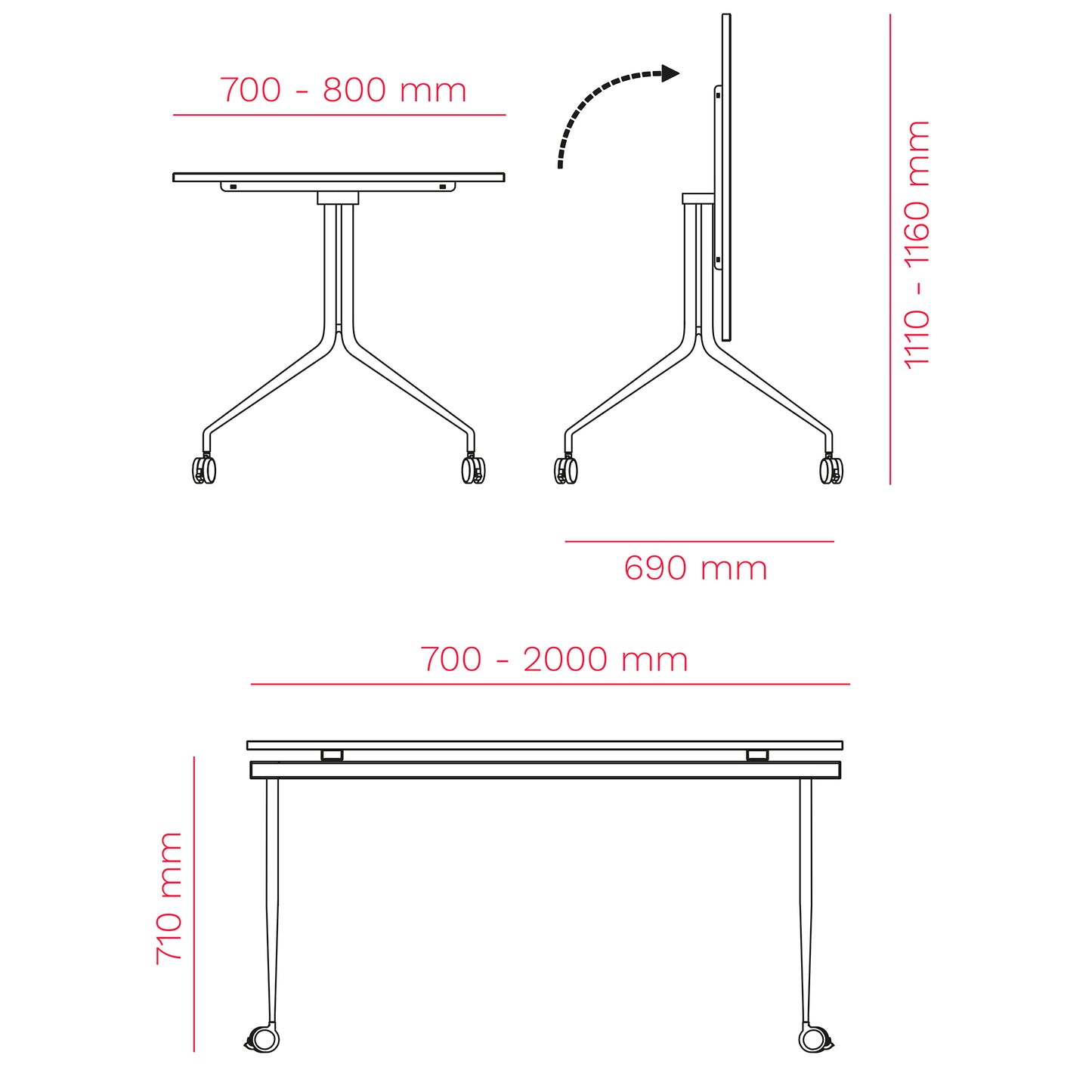 MARA - ARGO TILTING Table de conférence | À roulettes, pliable, 1600 x 800 mm, noir