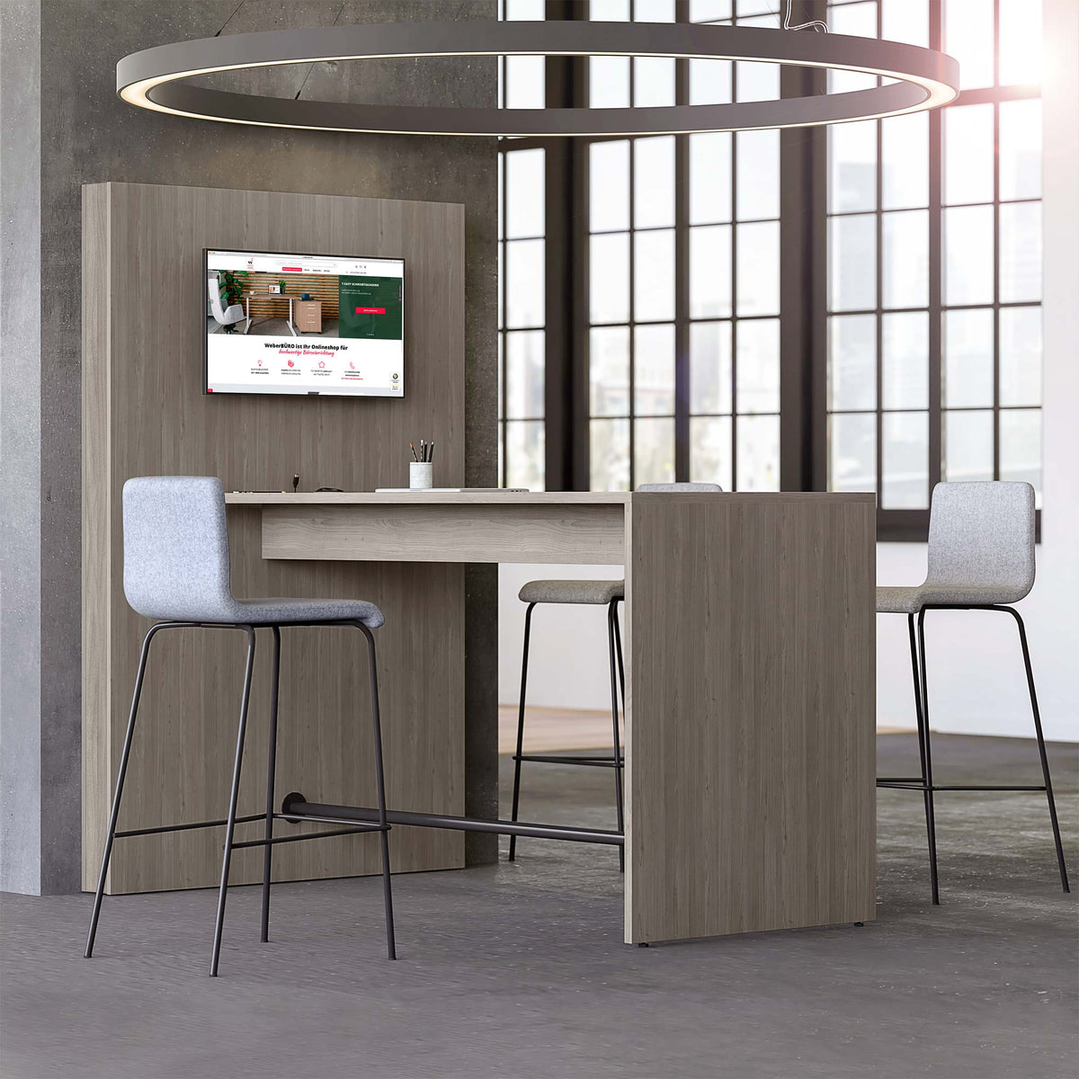 MEDIAWALL Besprechungstisch | Multimedia-Präsentation, Monitorhalterung, Steckdose integriert, 1932 x 1200 mm, Nordeiche grau - 1 Lightbox Main Image