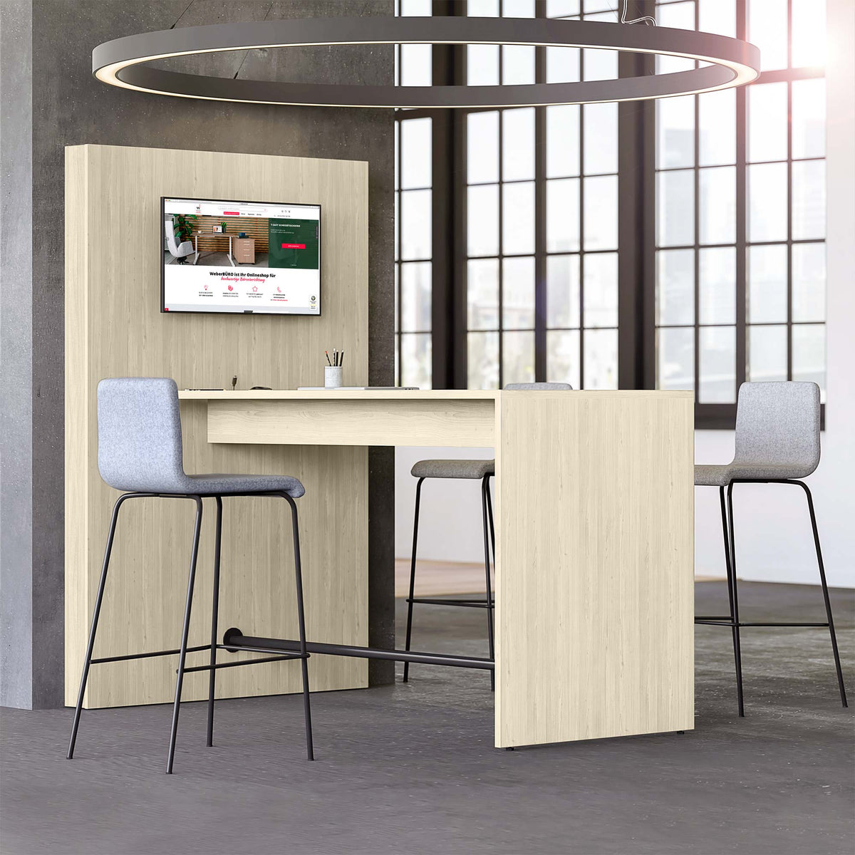 MEDIAWALL Table de réunion | Présentation multimédia, support pour moniteur, prise intégrée, 1932 x 1200 mm, chêne sablé  - 1 Lightbox Main Image