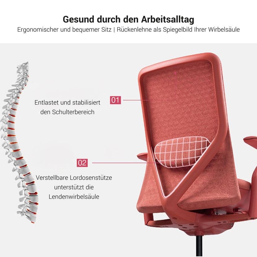 POLY Bürodrehstuhl | Premium-Drehstuhl, atmungsaktiver 3D-Knit-Bezug, Lordosenstütze, Coral