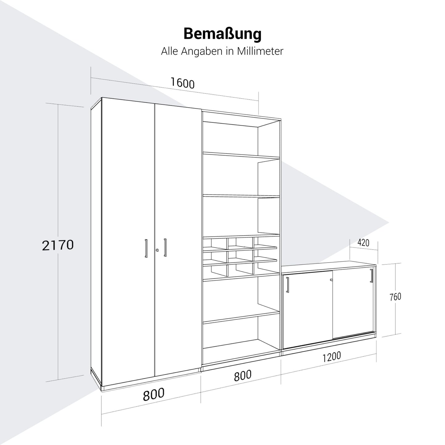 CHOICE Schrankwand | 6OH, 2800 x 2170 mm, Bernsteineiche