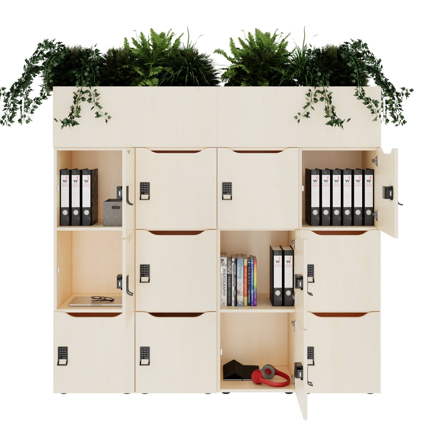 CHOICE Spind | 1800 x 1704 mm, 12 Schliessfächer, Blumenkästen, Ahorn