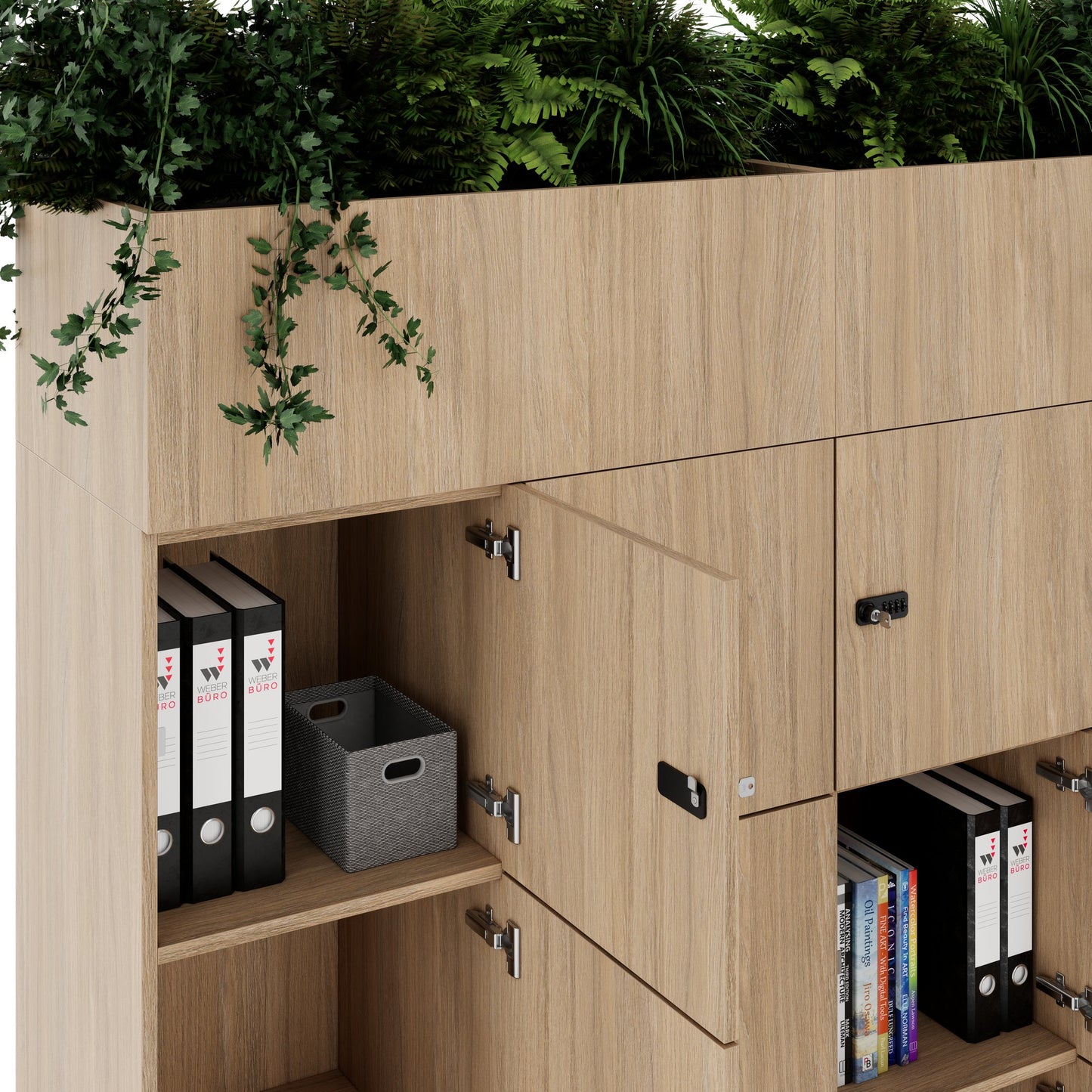 CHOICE Spind | 1800 x 1704 mm, 12 Schließfächer, Blumenkästen, Bernsteineiche