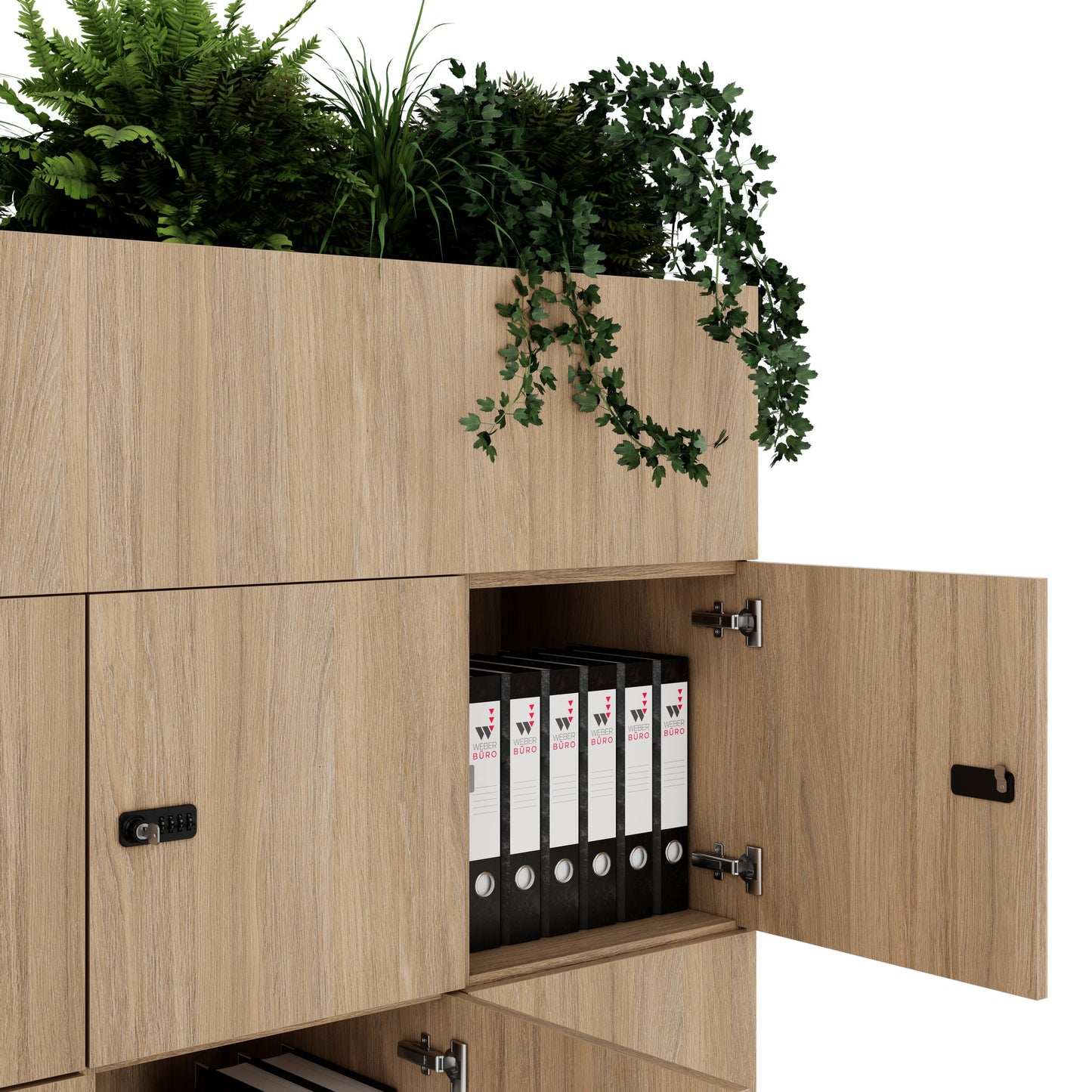 CHOICE Spind | 1800 x 1704 mm, 12 Schließfächer, Blumenkästen, Bernsteineiche