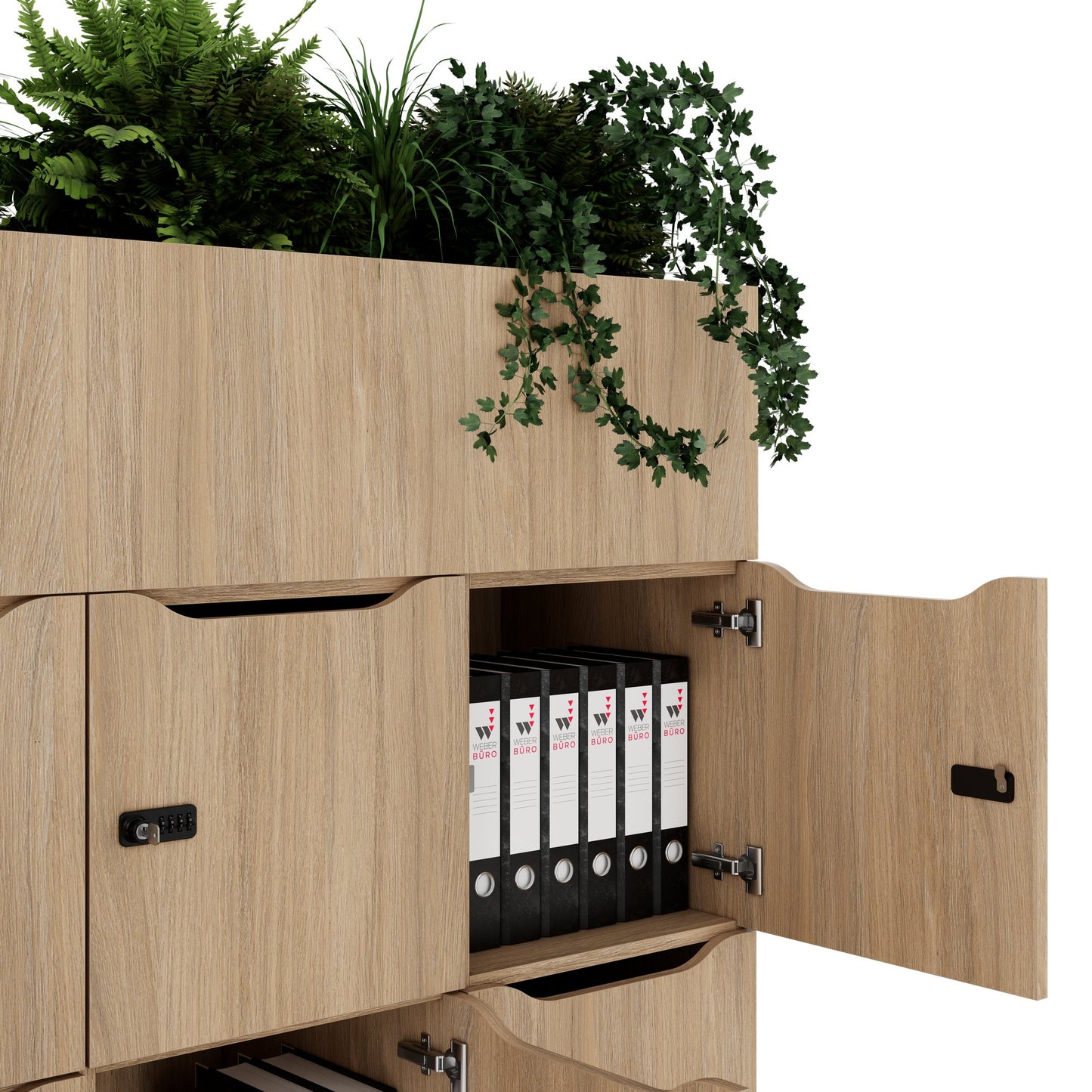 CHOICE Spind | 1800 x 1704 mm, 12 Schließfächer, Blumenkästen, Bernsteineiche