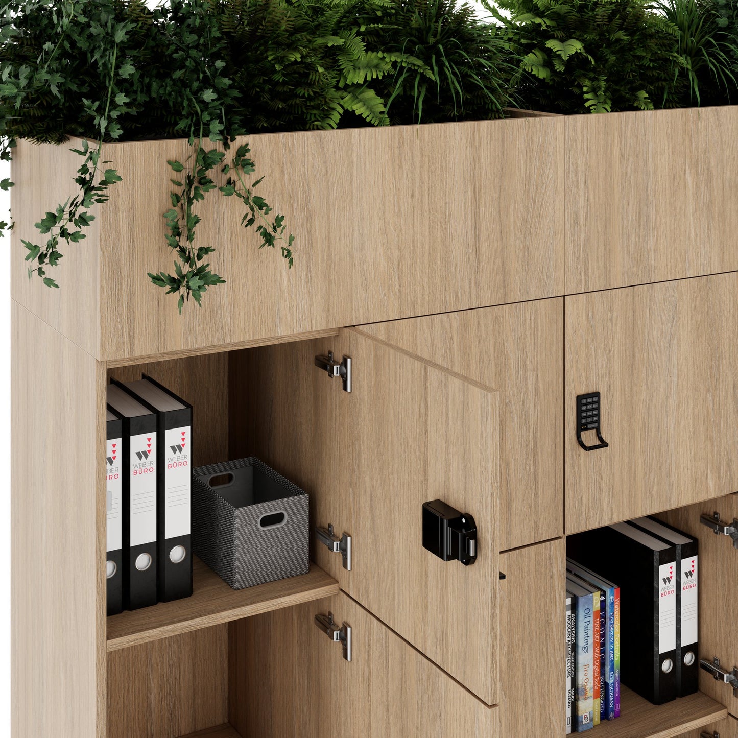CHOICE Spind | 1800 x 1704 mm, 12 Schließfächer, Blumenkästen, Bernsteineiche
