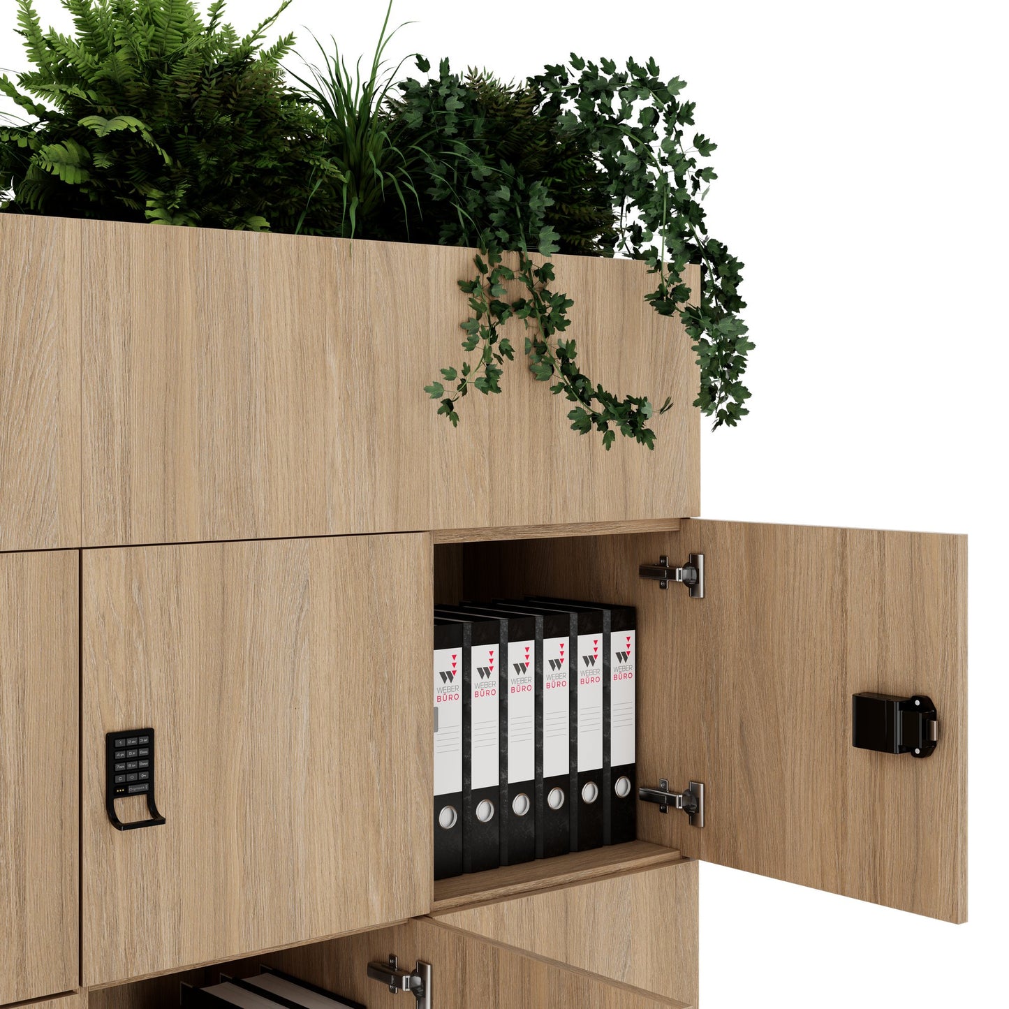 CHOICE Spind | 1800 x 1704 mm, 12 Schließfächer, Blumenkästen, Bernsteineiche