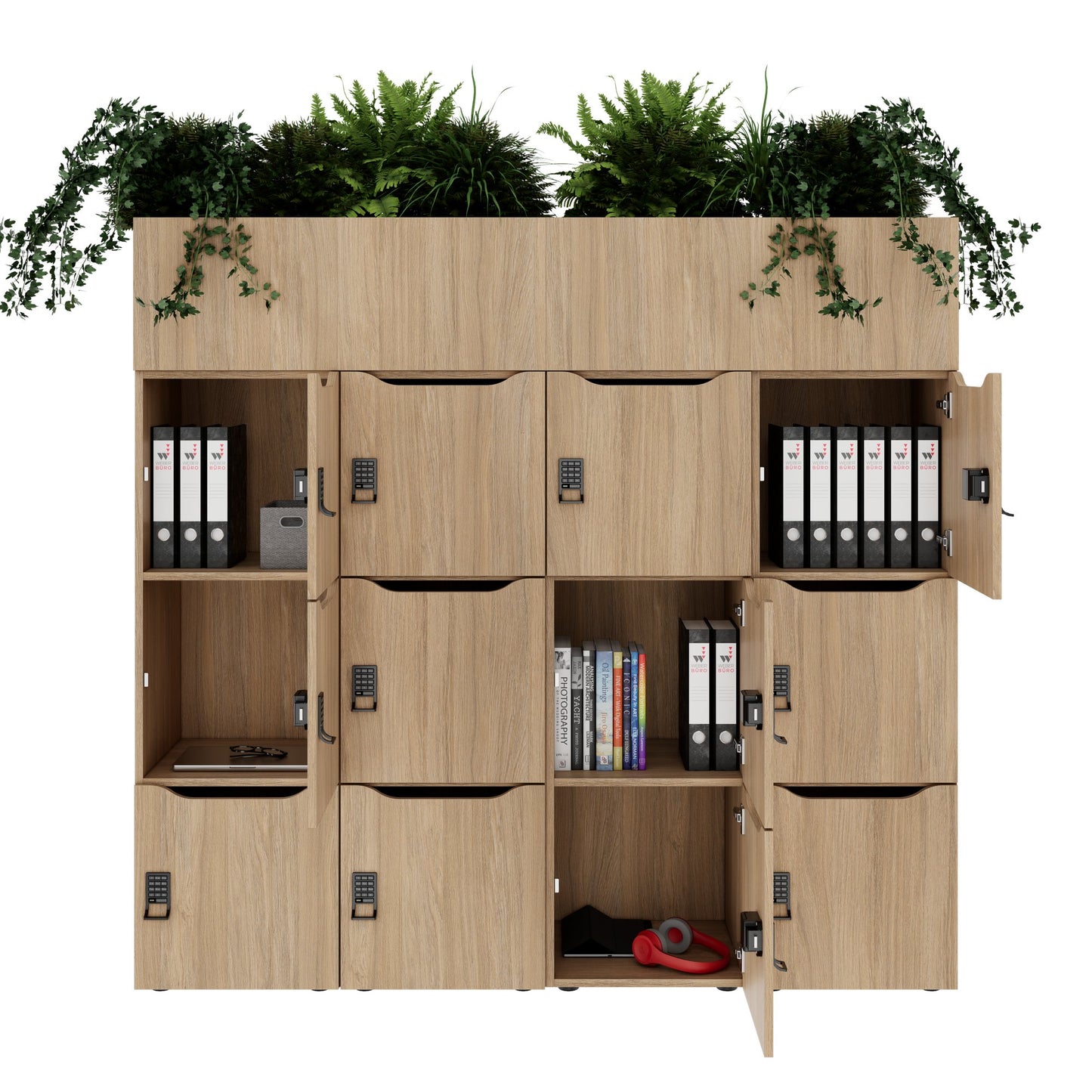 CHOICE Spind | 1800 x 1704 mm, 12 Schließfächer, Blumenkästen, Bernsteineiche