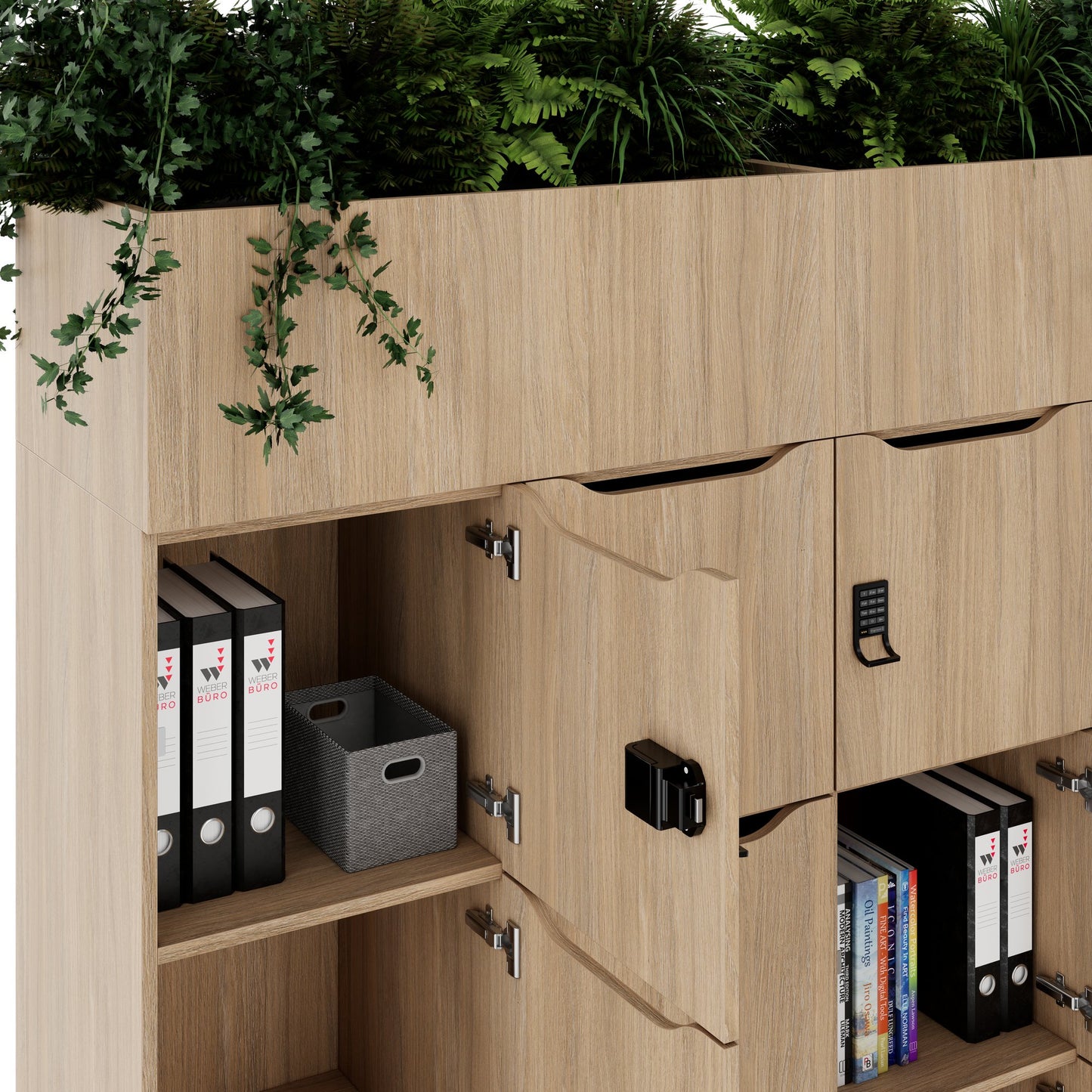 CHOICE Spind | 1800 x 1704 mm, 12 Schließfächer, Blumenkästen, Bernsteineiche