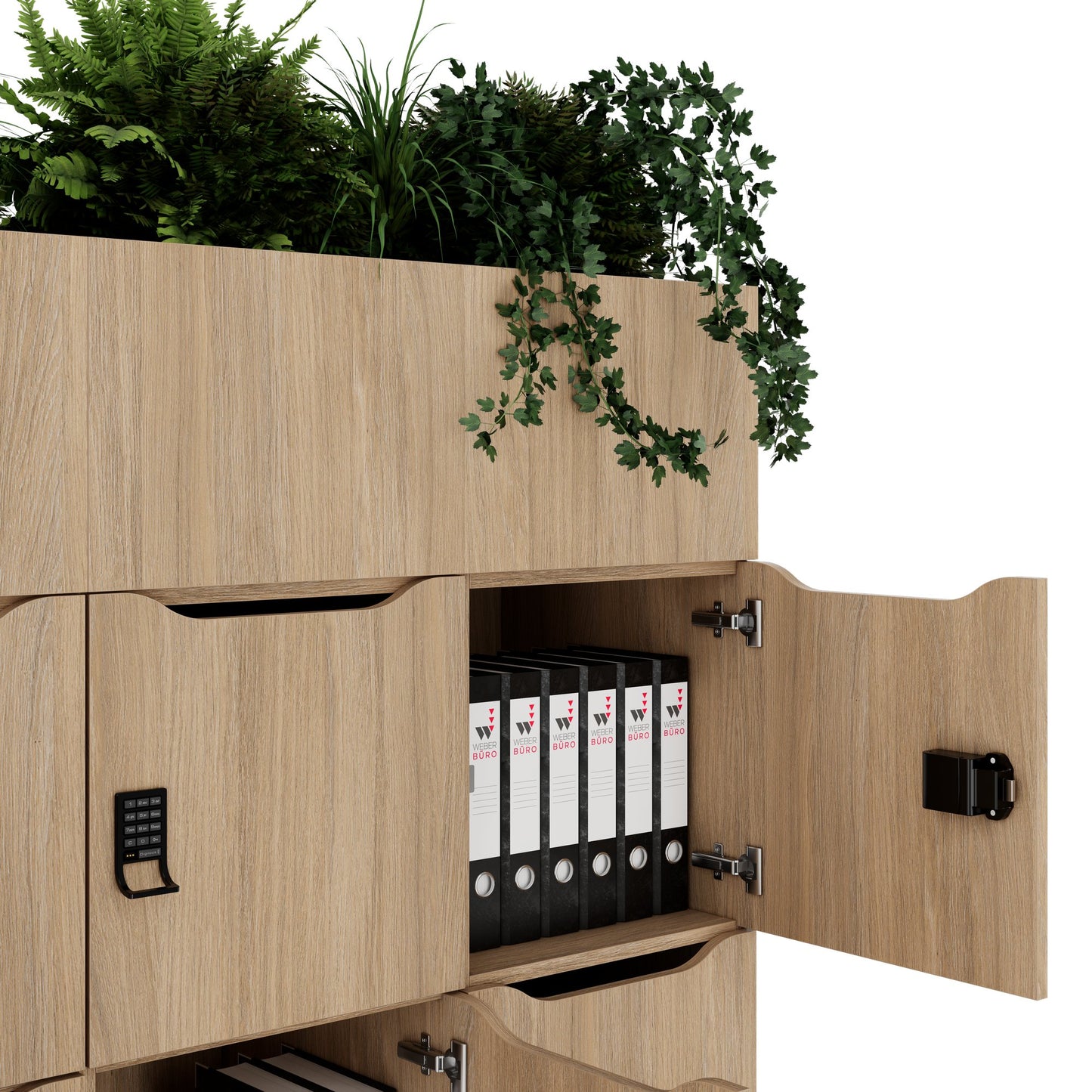 CHOICE Spind | 1800 x 1704 mm, 12 Schließfächer, Blumenkästen, Bernsteineiche