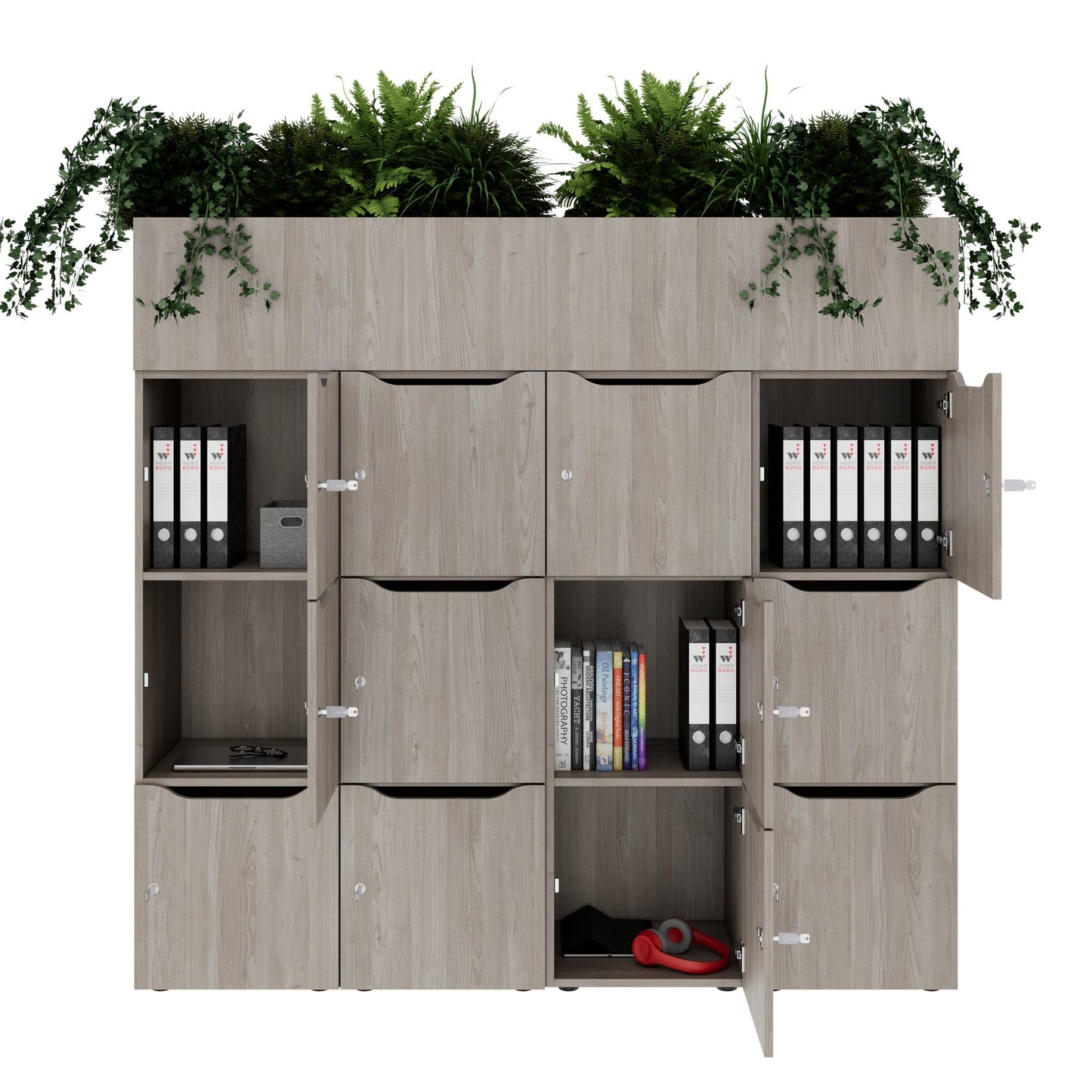 CHOICE Spind | 1800 x 1704 mm, 12 Schliessfächer, Blumenkästen, Nordeiche grau