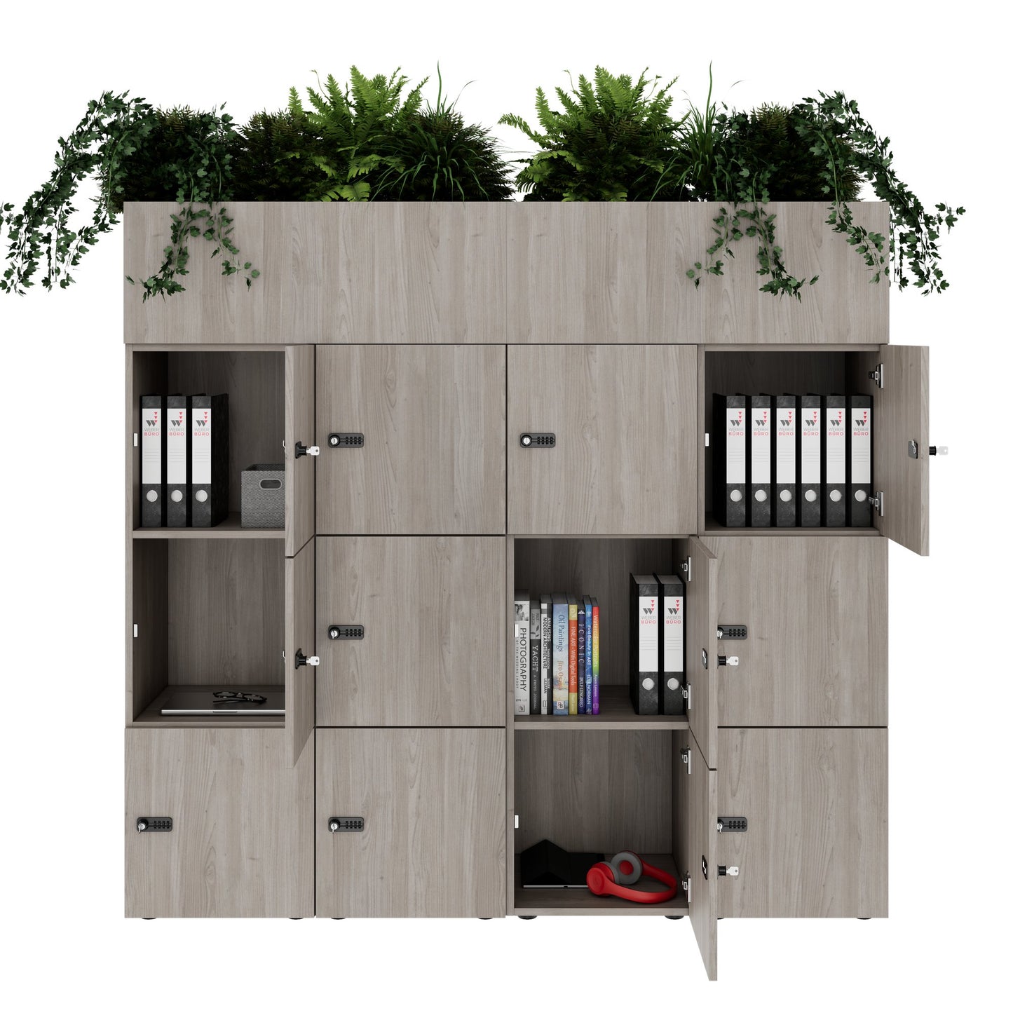 CHOICE Spind | 1800 x 1704 mm, 12 Schliessfächer, Blumenkästen, Nordeiche grau