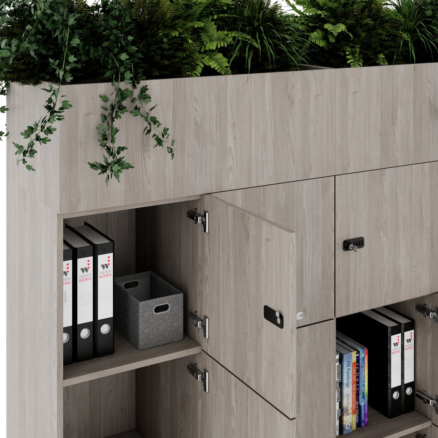 CHOICE Spind | 1800 x 1704 mm, 12 Schliessfächer, Blumenkästen, Nordeiche grau