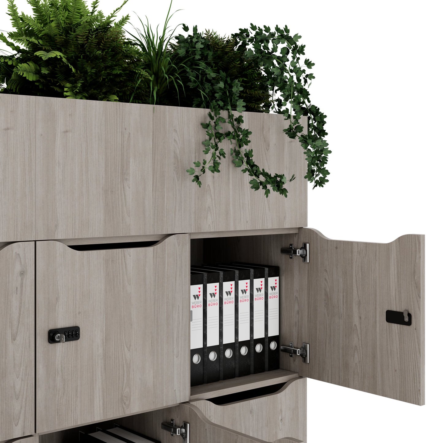 CHOICE Spind | 1800 x 1704 mm, 12 Schliessfächer, Blumenkästen, Nordeiche grau