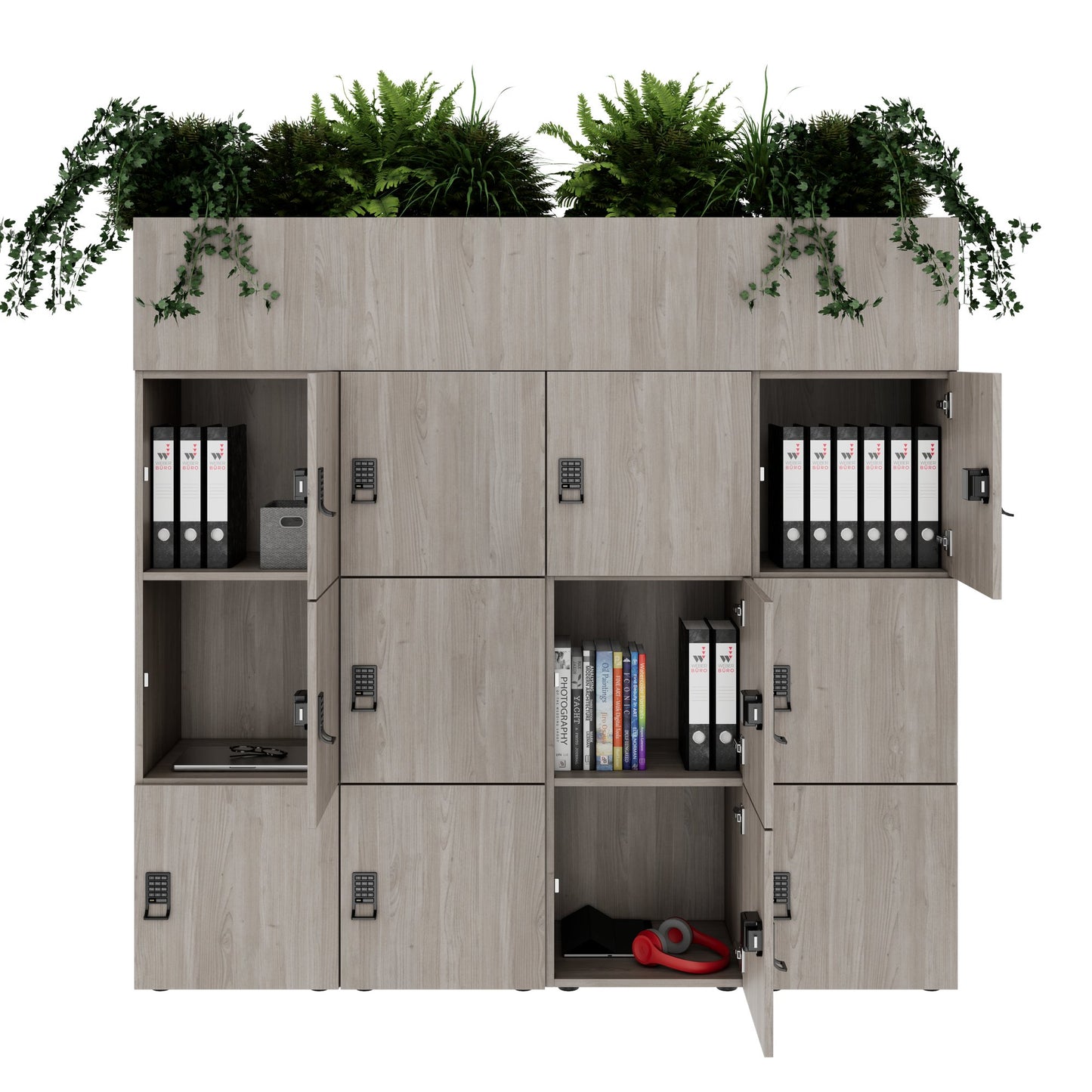 CHOICE Spind | 1800 x 1704 mm, 12 Schliessfächer, Blumenkästen, Nordeiche grau