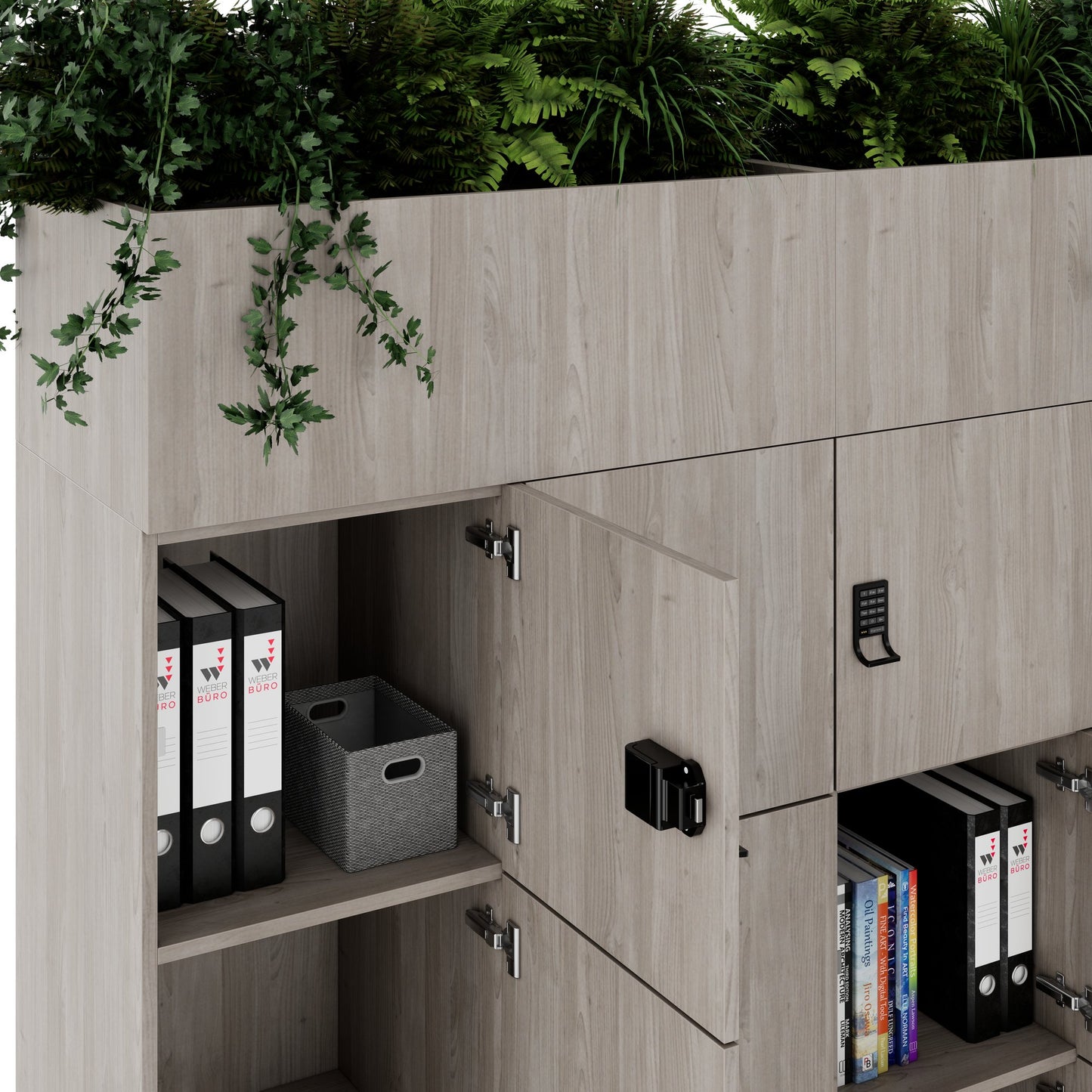 CHOICE Spind | 1800 x 1704 mm, 12 Schliessfächer, Blumenkästen, Nordeiche grau