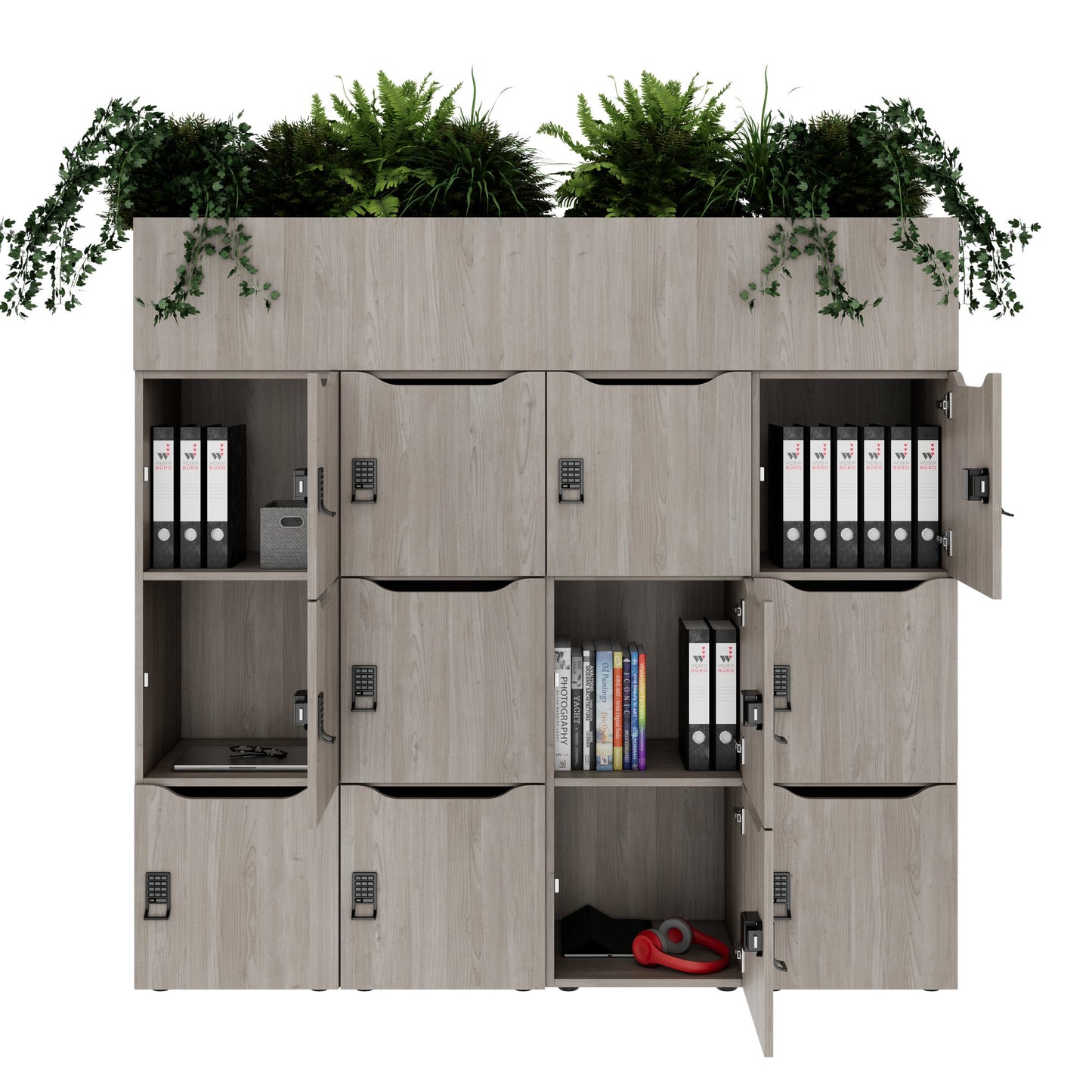 CHOICE Spind | 1800 x 1704 mm, 12 Schliessfächer, Blumenkästen, Nordeiche grau