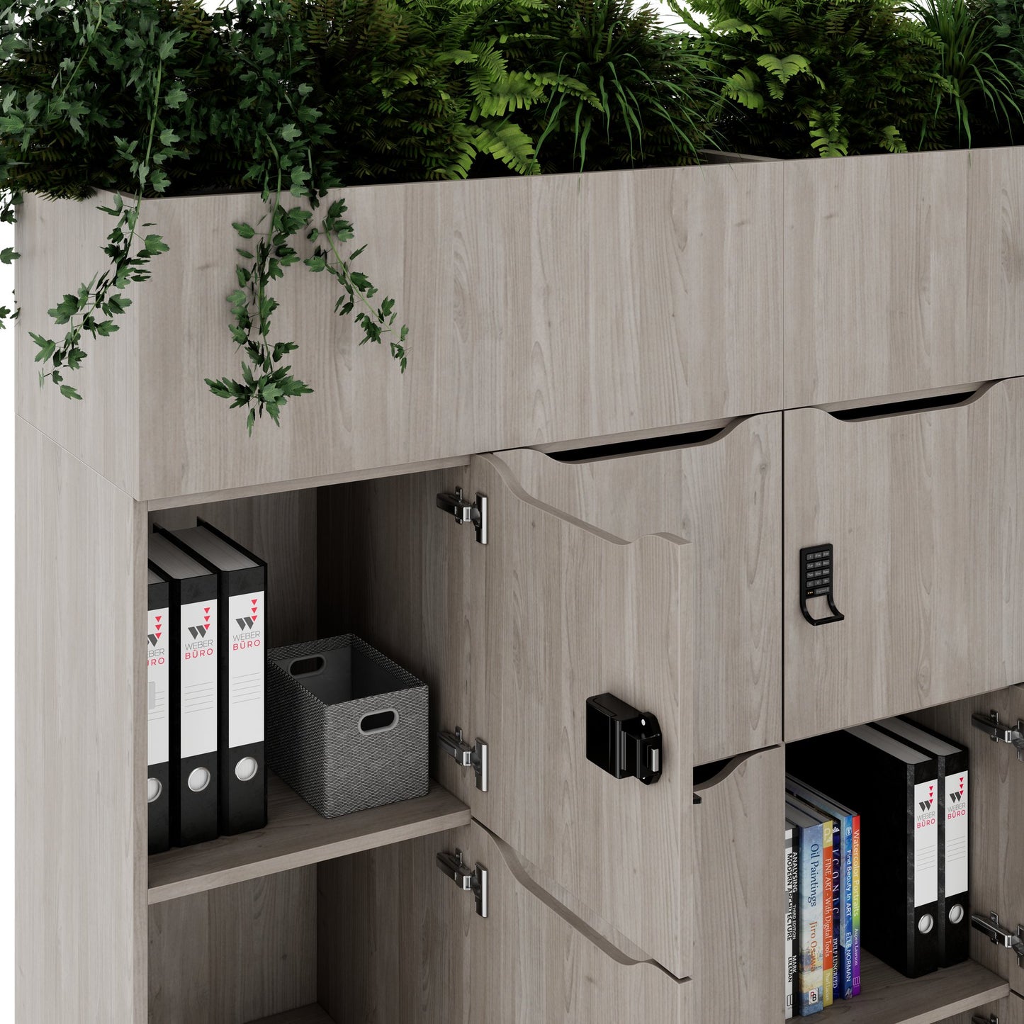 CHOICE Spind | 1800 x 1704 mm, 12 Schliessfächer, Blumenkästen, Nordeiche grau