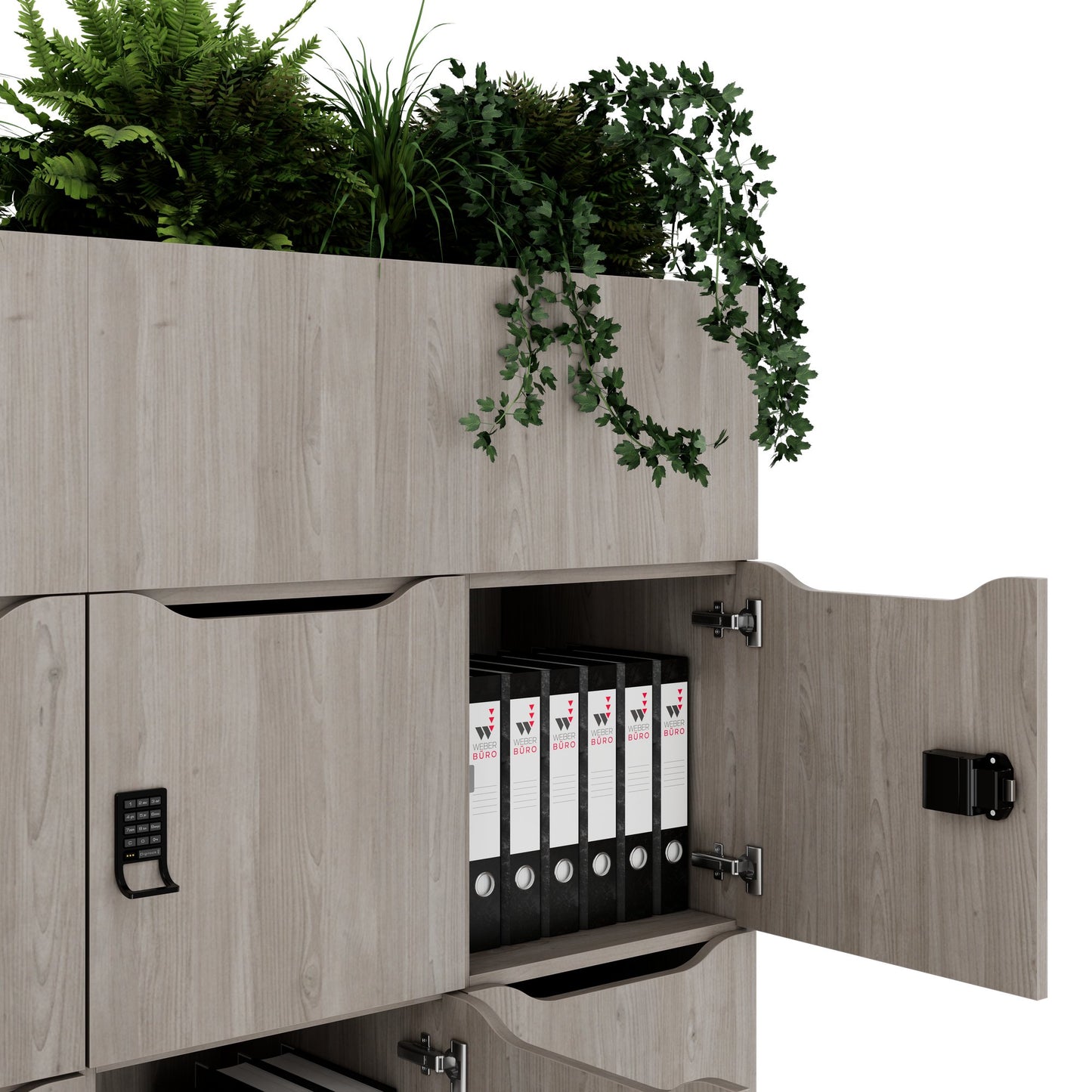 CHOICE Spind | 1800 x 1704 mm, 12 Schliessfächer, Blumenkästen, Nordeiche grau