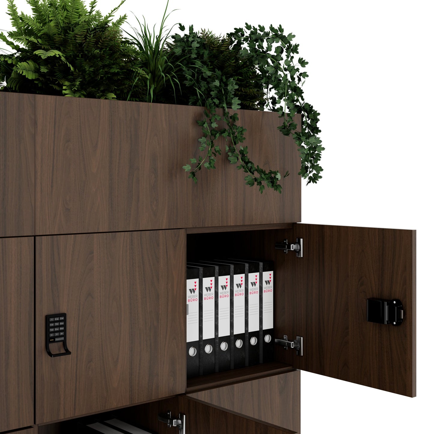 CHOICE Spind | 1800 x 1704 mm, 12 Schliessfächer, Blumenkästen, Nussbaum