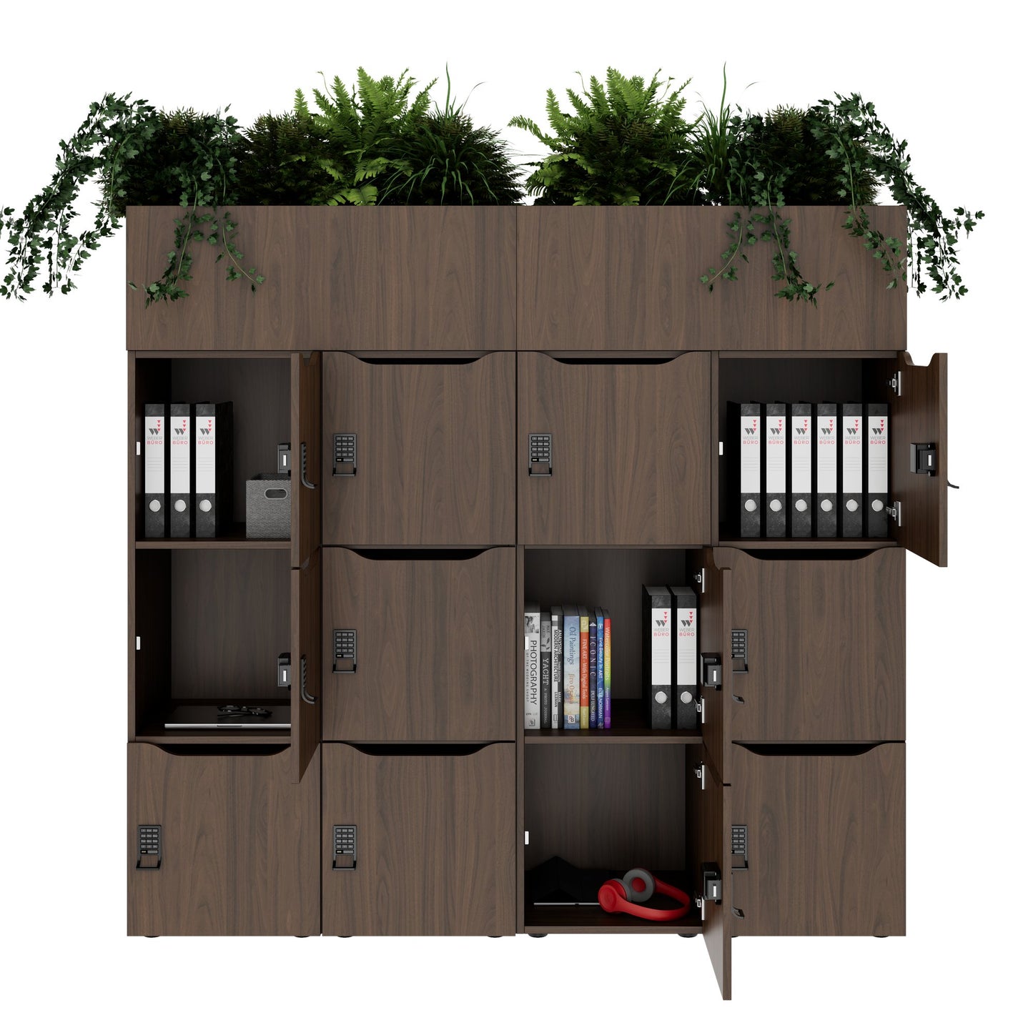 CHOICE Spind | 1800 x 1704 mm, 12 Schliessfächer, Blumenkästen, Nussbaum