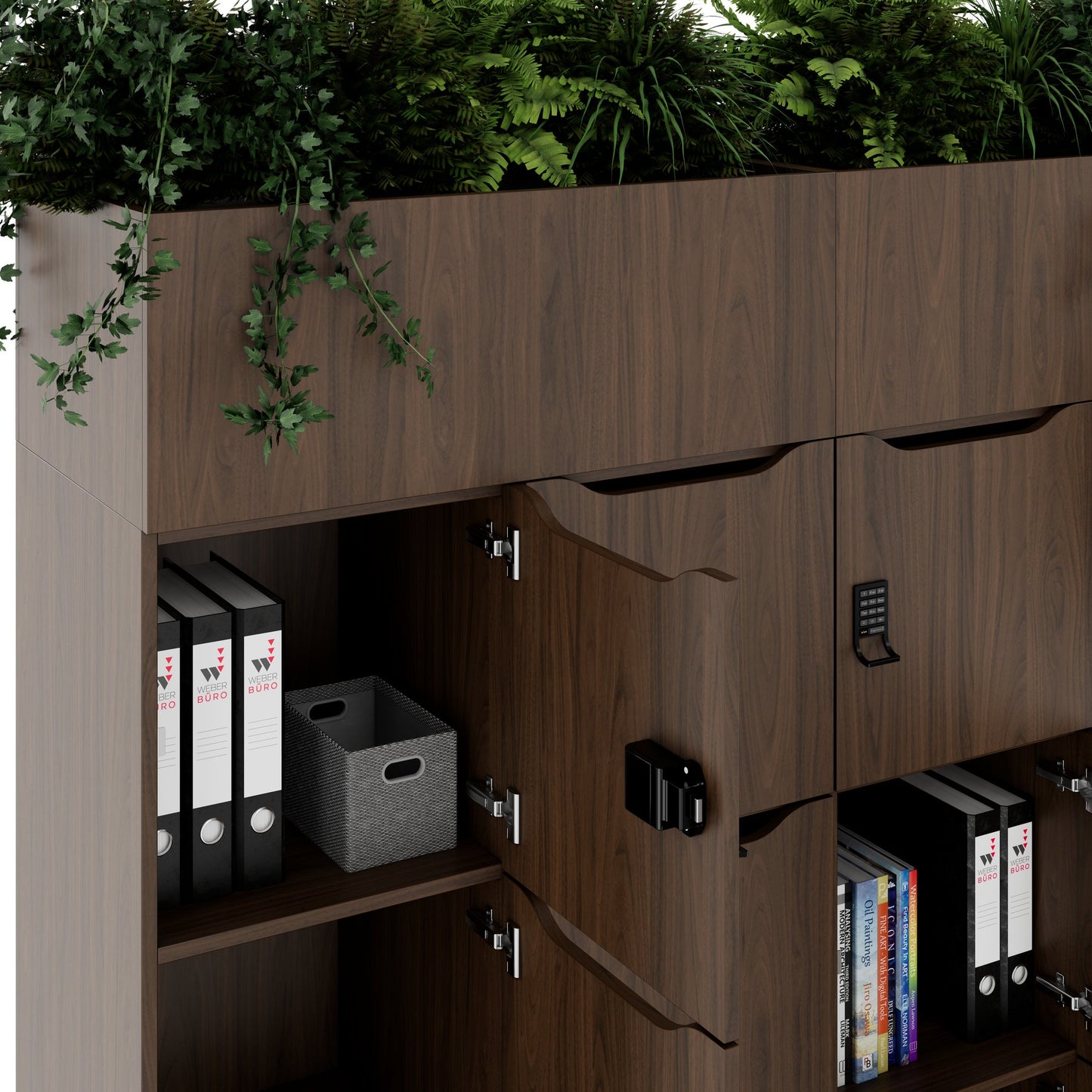 CHOICE Spind | 1800 x 1704 mm, 12 Schliessfächer, Blumenkästen, Nussbaum
