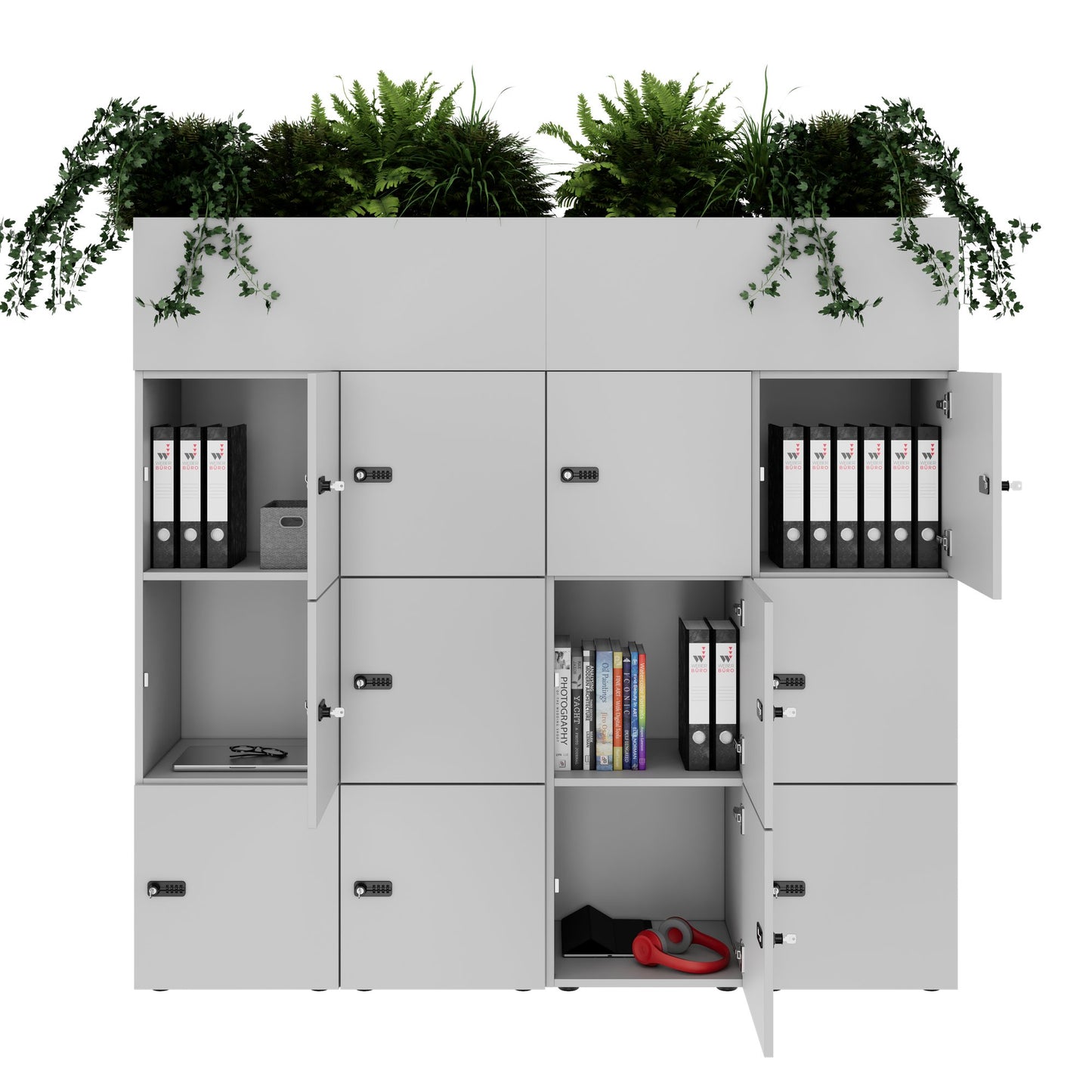 CHOICE Spind | 1800 x 1704 mm, 12 Schliessfächer, Blumenkästen, Perlgrau