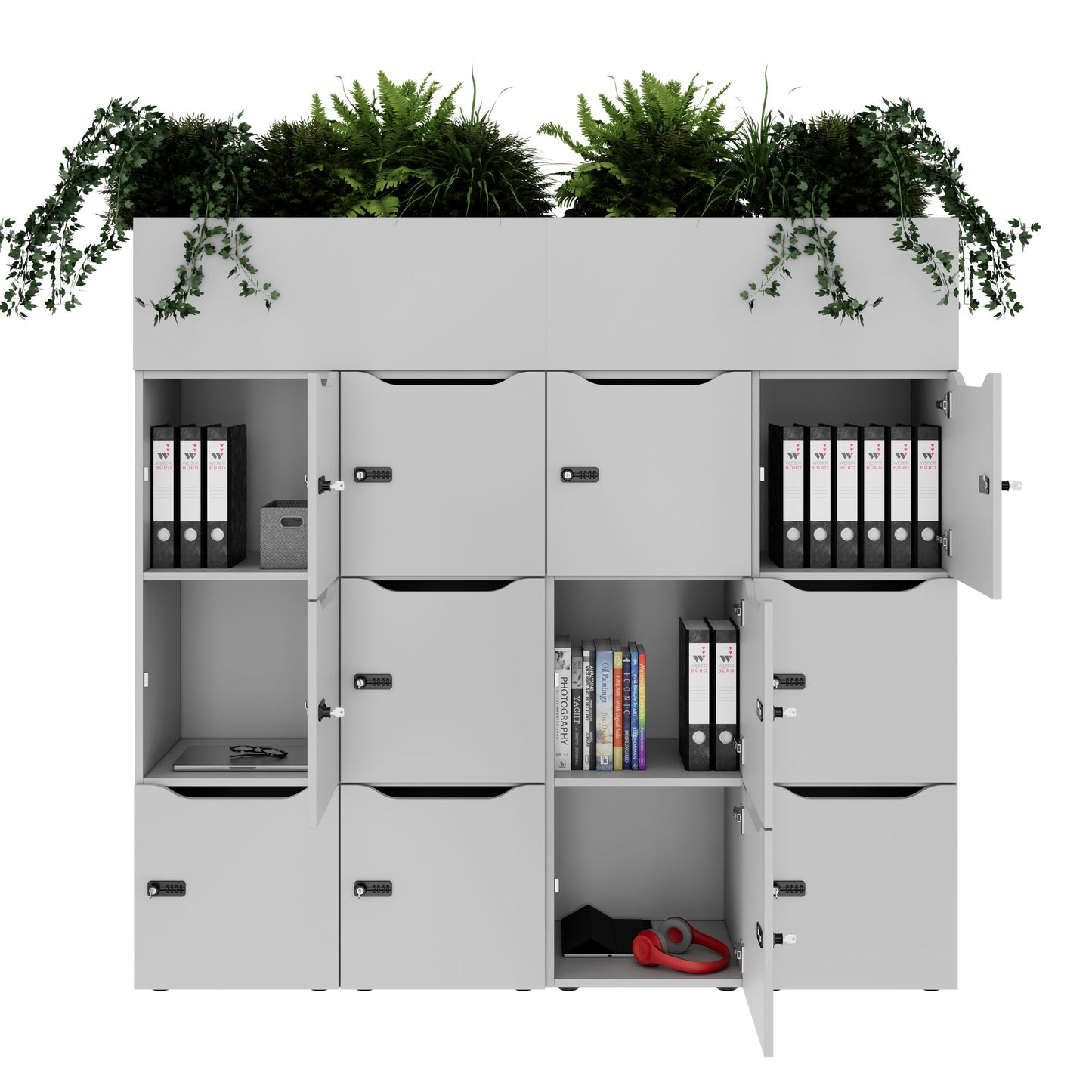 CHOICE Spind | 1800 x 1704 mm, 12 Schliessfächer, Blumenkästen, Perlgrau