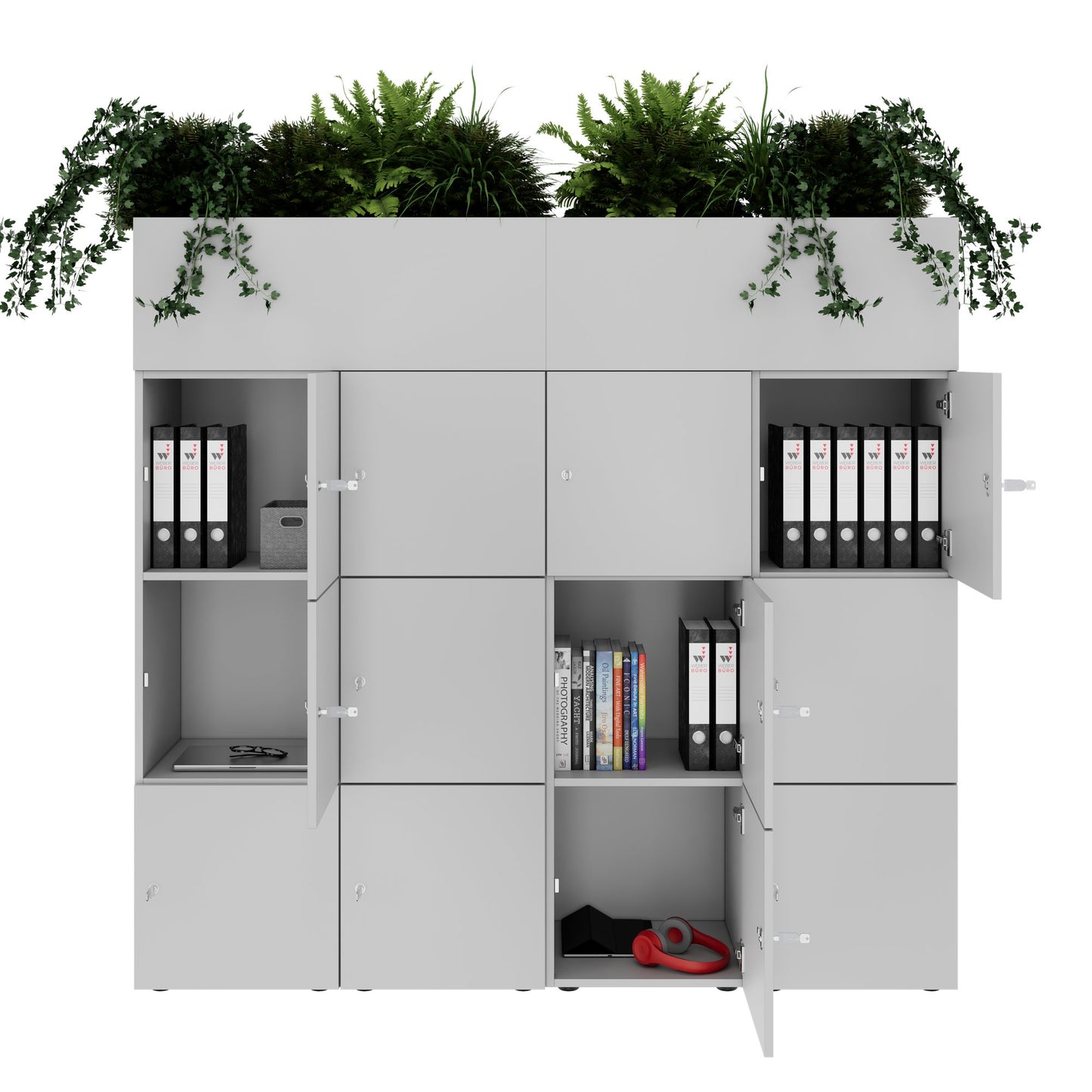 CHOICE Spind | 1800 x 1704 mm, 12 Schliessfächer, Blumenkästen, Perlgrau