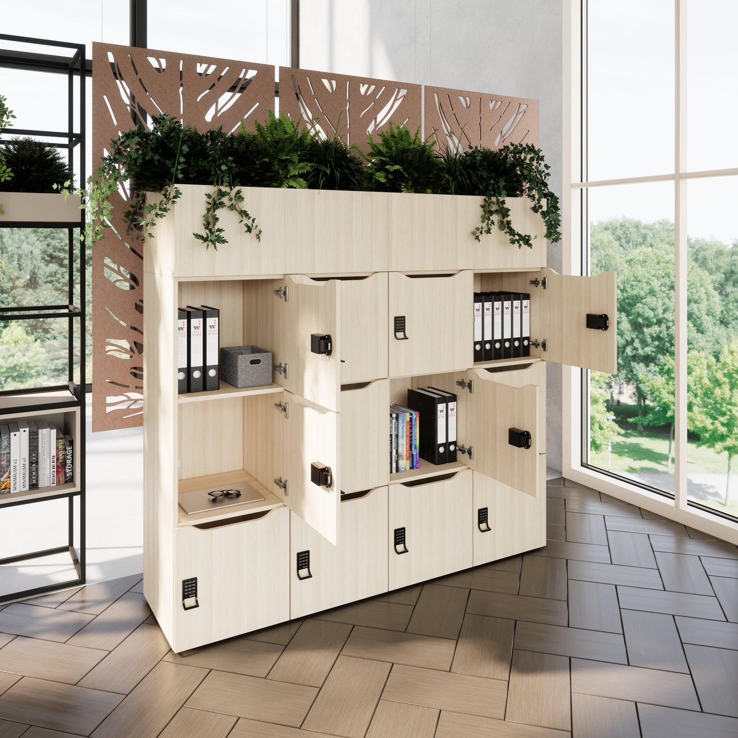 CHOICE Spind | 1800 x 1704 mm, 12 Schliessfächer, Blumenkästen, Sandesche